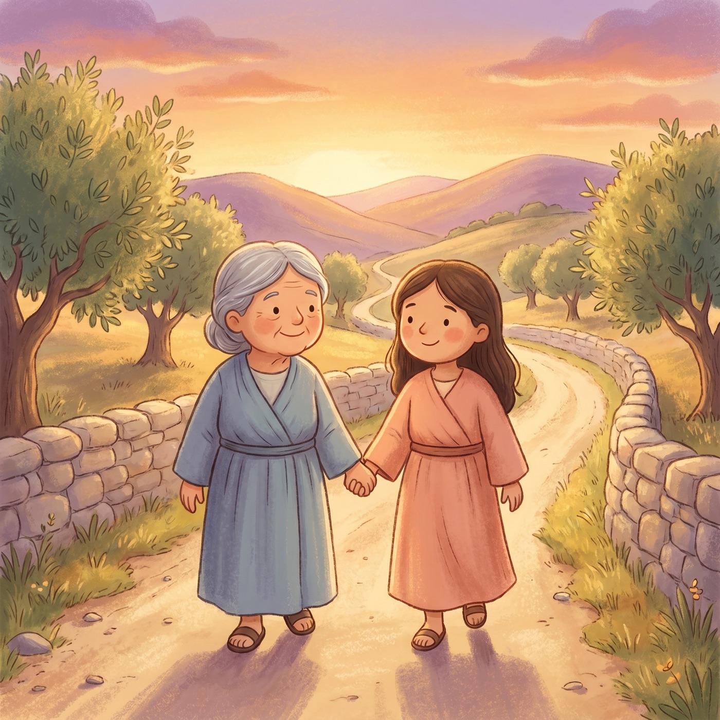 A kind older woman named Naomi and a younger woman named Ruth walking a country road together holding hands in soft golden light.
