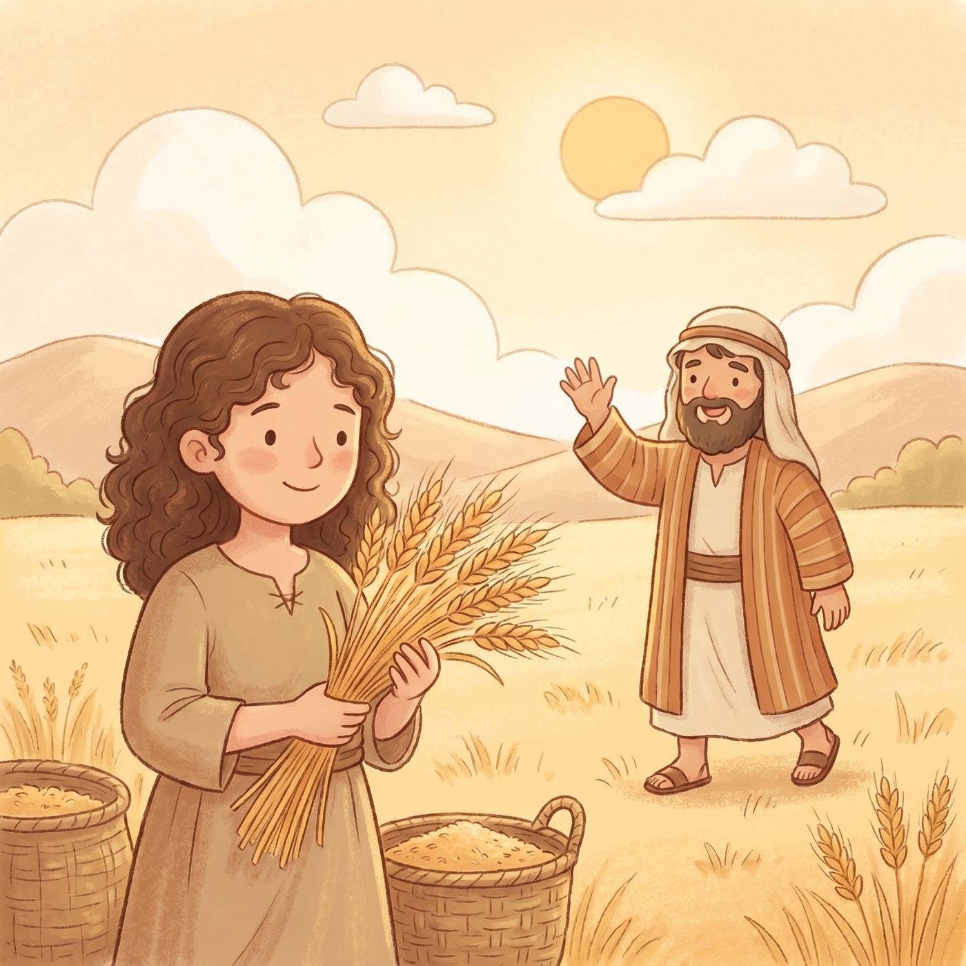 Ruth gathering golden grain in a sunny wheat field while a kind farmer named Boaz greets her warmly.