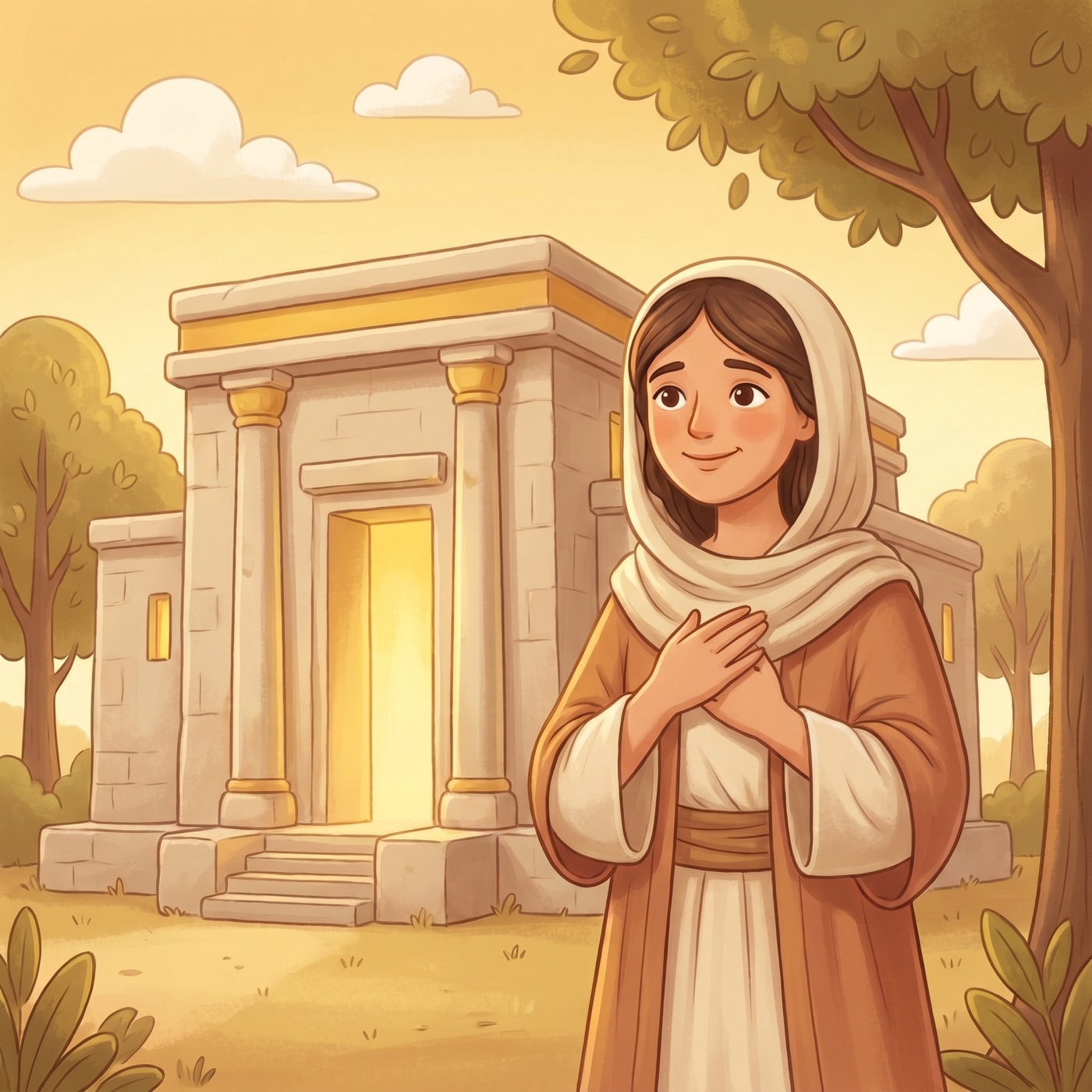 A gentle woman named Hannah smiling with her hands over her heart near the steps of the temple in warm light.