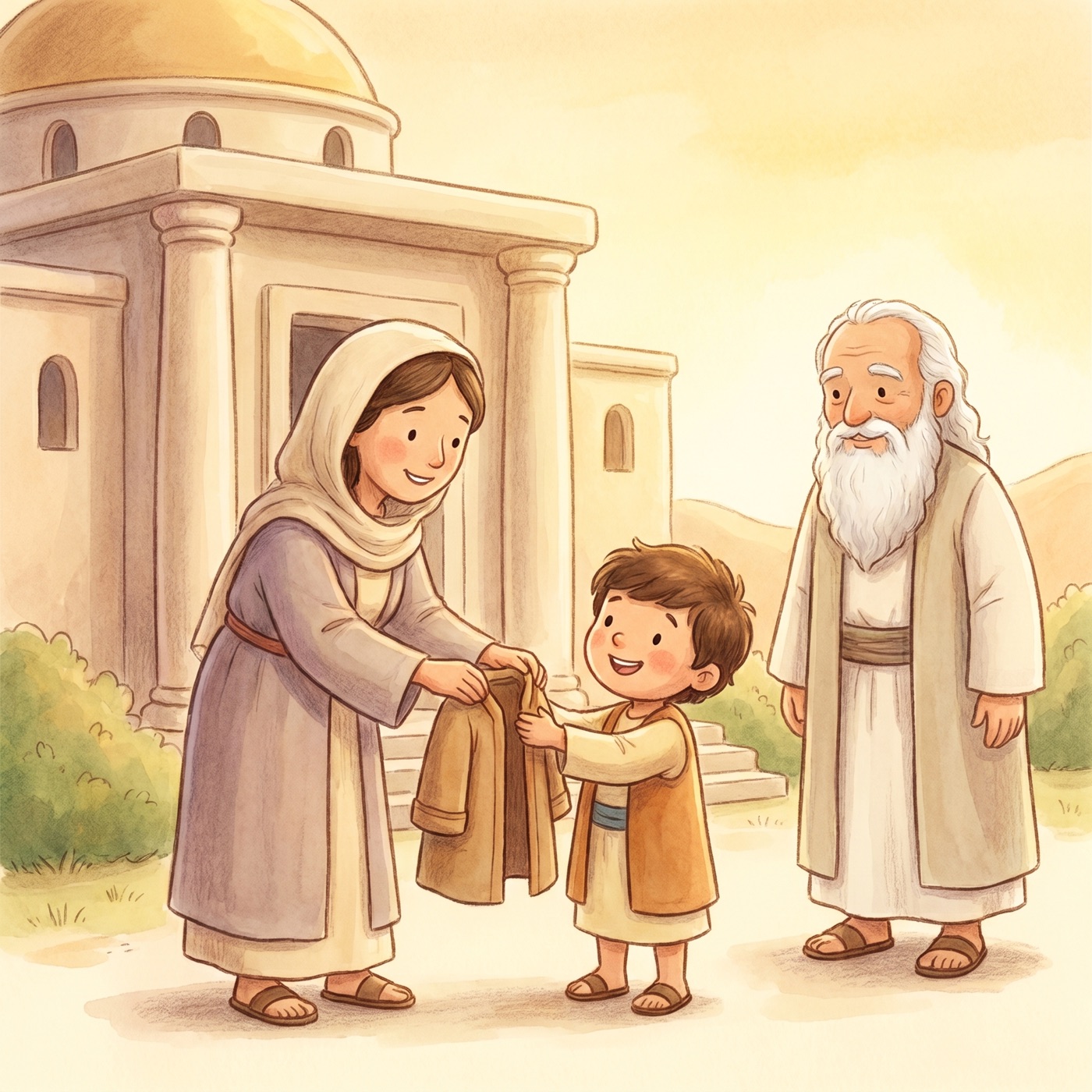Hannah giving a small new coat to her young son Samuel near the temple, with a kind old prophet named Eli smiling nearby.