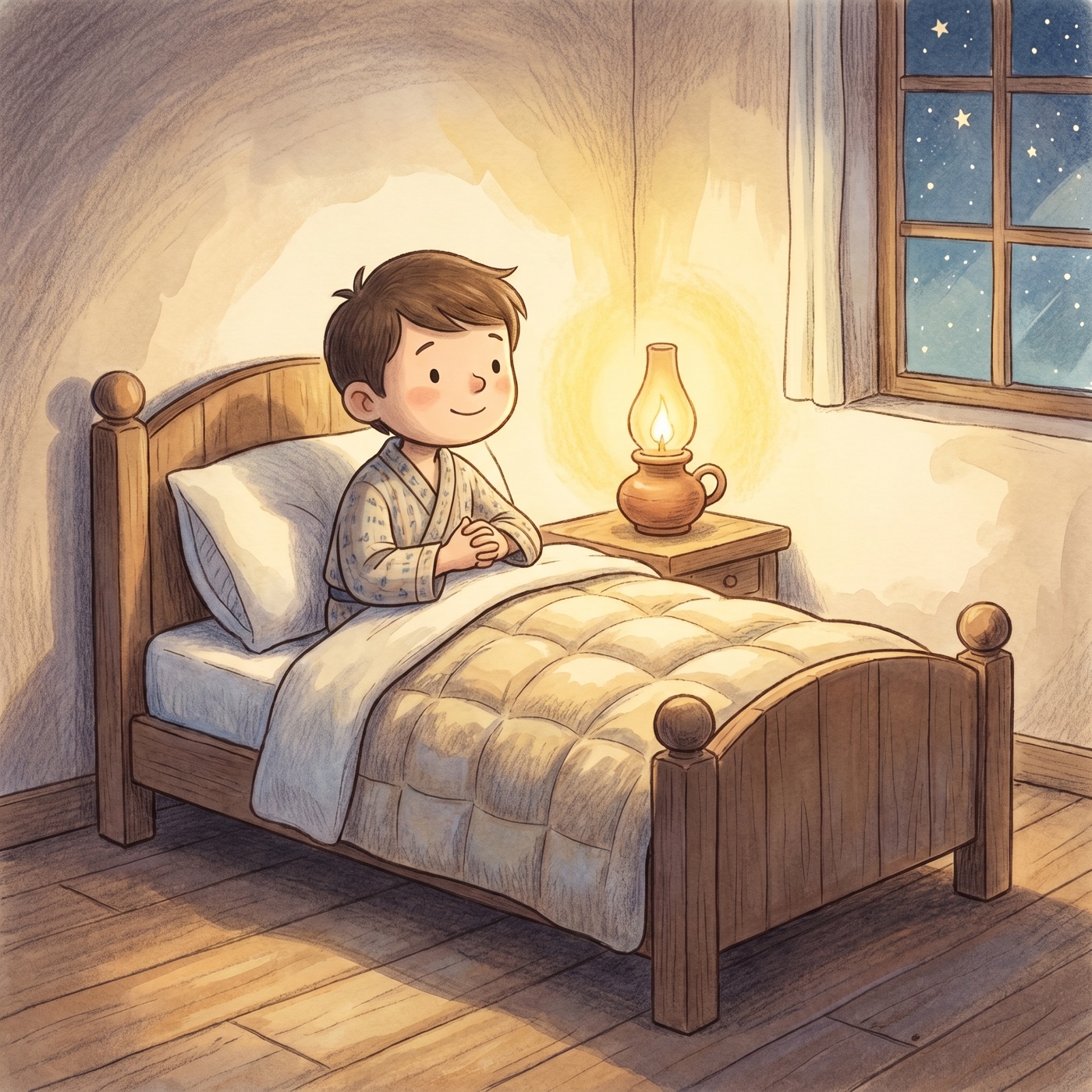 Young boy Samuel sitting up in bed at night in a soft warm glow, listening quietly with a peaceful face.
