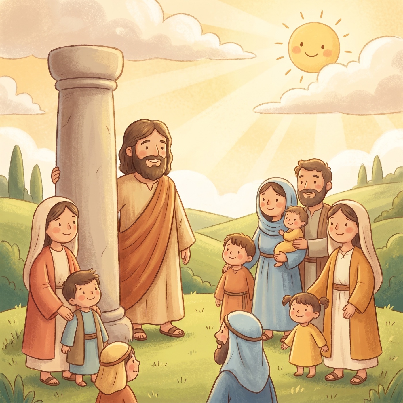 The grown-up prophet Samuel and a crowd of happy people standing beside a tall memorial stone in green rolling hills.