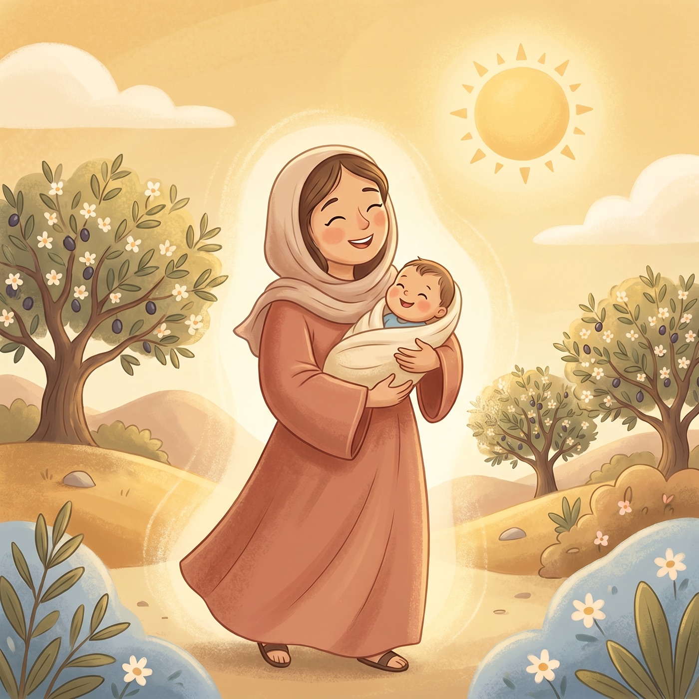 Hannah singing joyfully with baby Samuel in her arms, her face lifted in happiness in warm golden light.