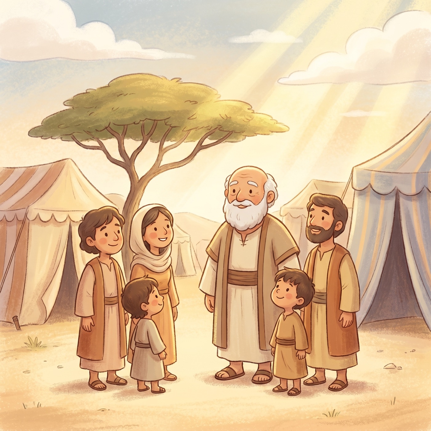 The kind prophet Samuel listening to the people of Israel near their tents.