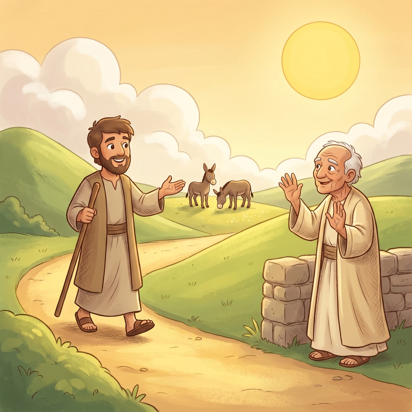 Tall young Saul walking a country path looking for lost donkeys and meeting the prophet Samuel.