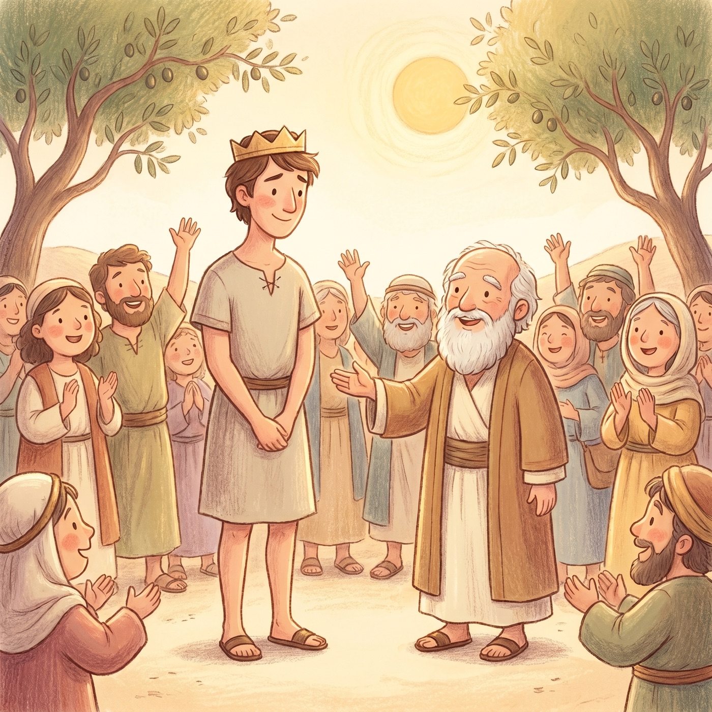 Saul wearing a simple crown, standing shyly before a happy cheering crowd as Samuel presents him.