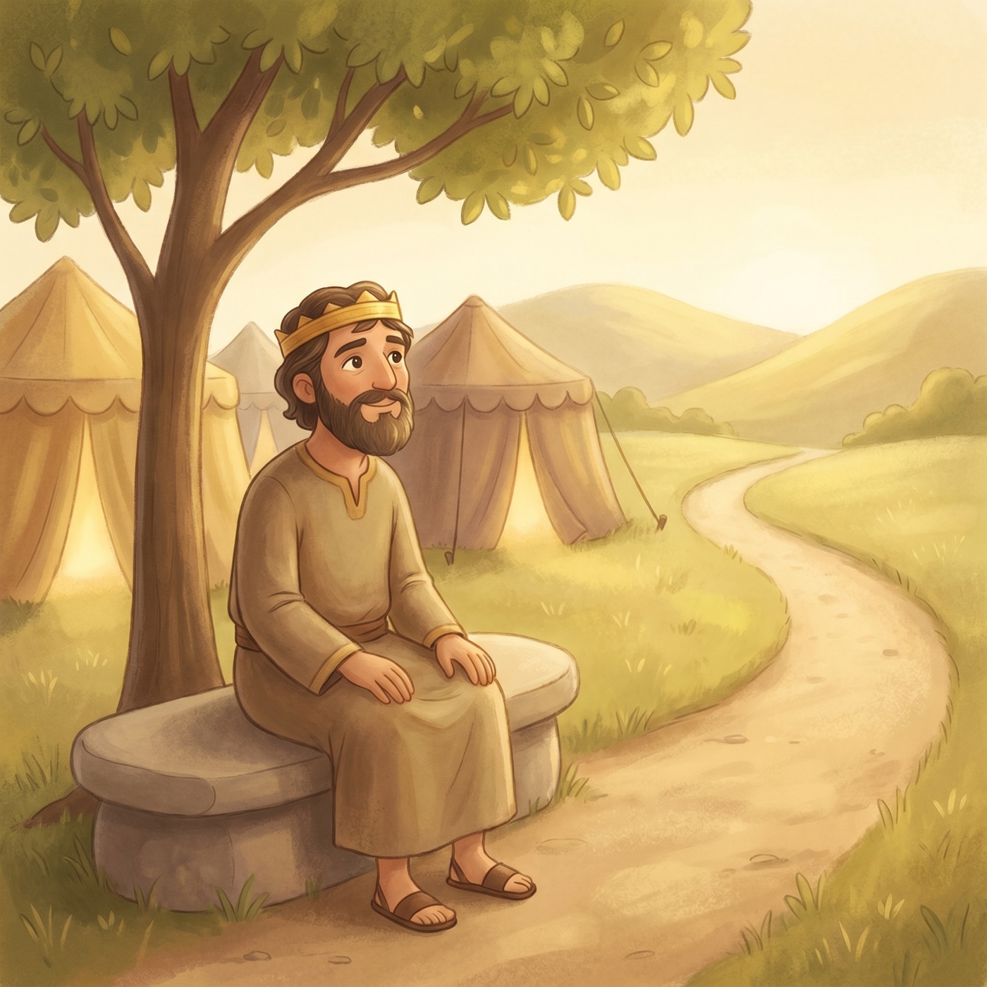 King Saul sitting and waiting patiently, looking up the road toward the hills near the tents.