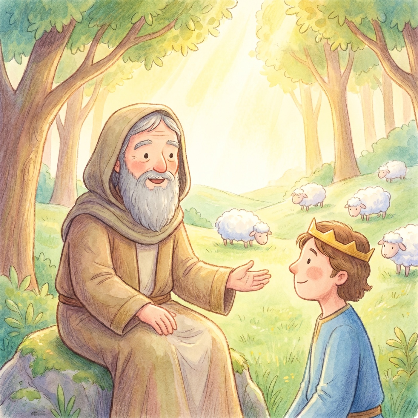 The prophet Samuel gently teaching King Saul, with fluffy sheep grazing in the green hills.