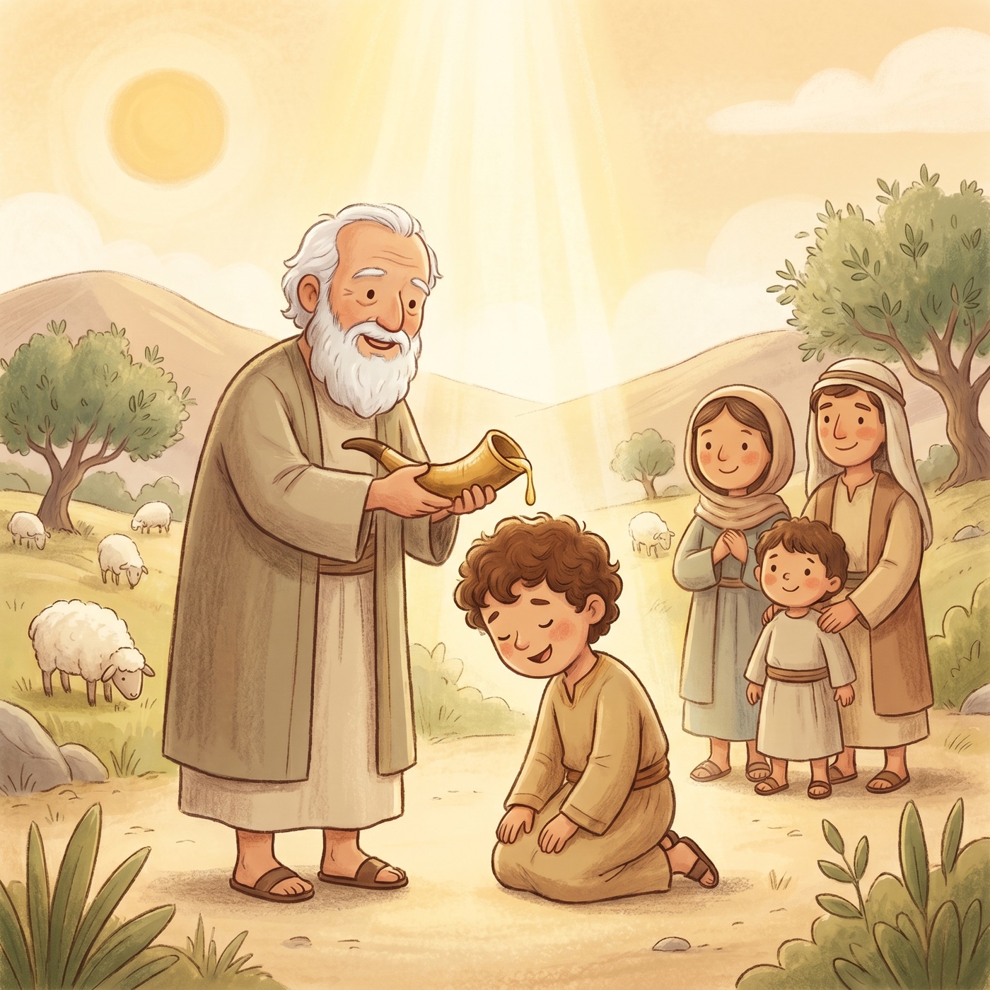 The prophet Samuel anointing young David with oil from a horn while David's family watches in a soft golden light.