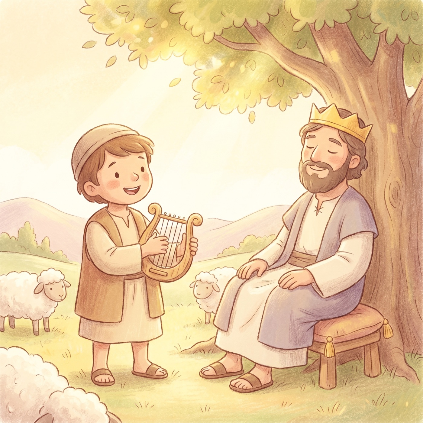 Young shepherd boy David playing a small harp while King Saul listens peacefully under a tree.