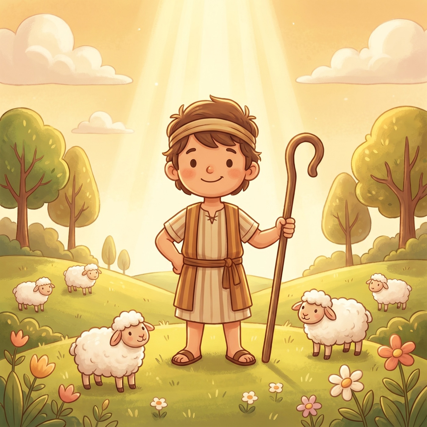 Young shepherd boy David standing bravely in sunny green hills, holding a shepherd's staff, with golden light streaming around him.