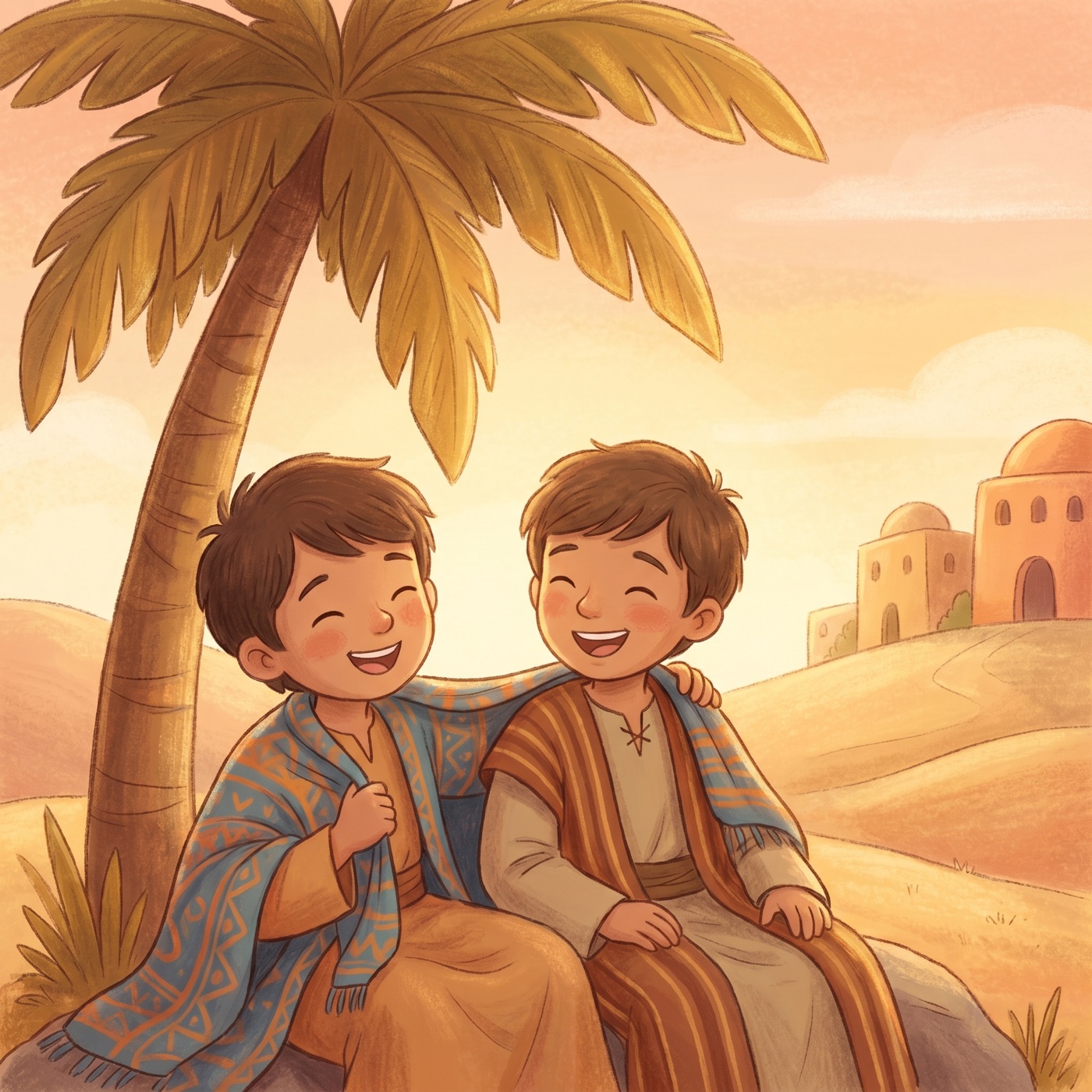 Two young boys laughing together and sharing a colorful royal robe, sitting under a palm tree in golden afternoon sunlight.