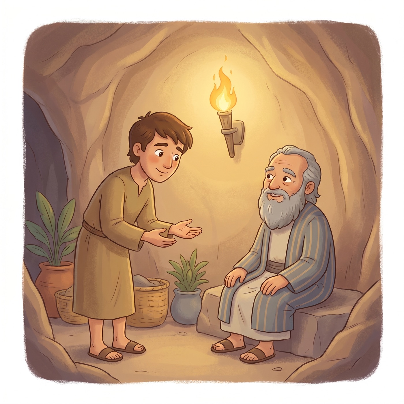 Young man David bowing gently before an older man inside a warm cave lit by soft golden torchlight, both with peaceful expressions.
