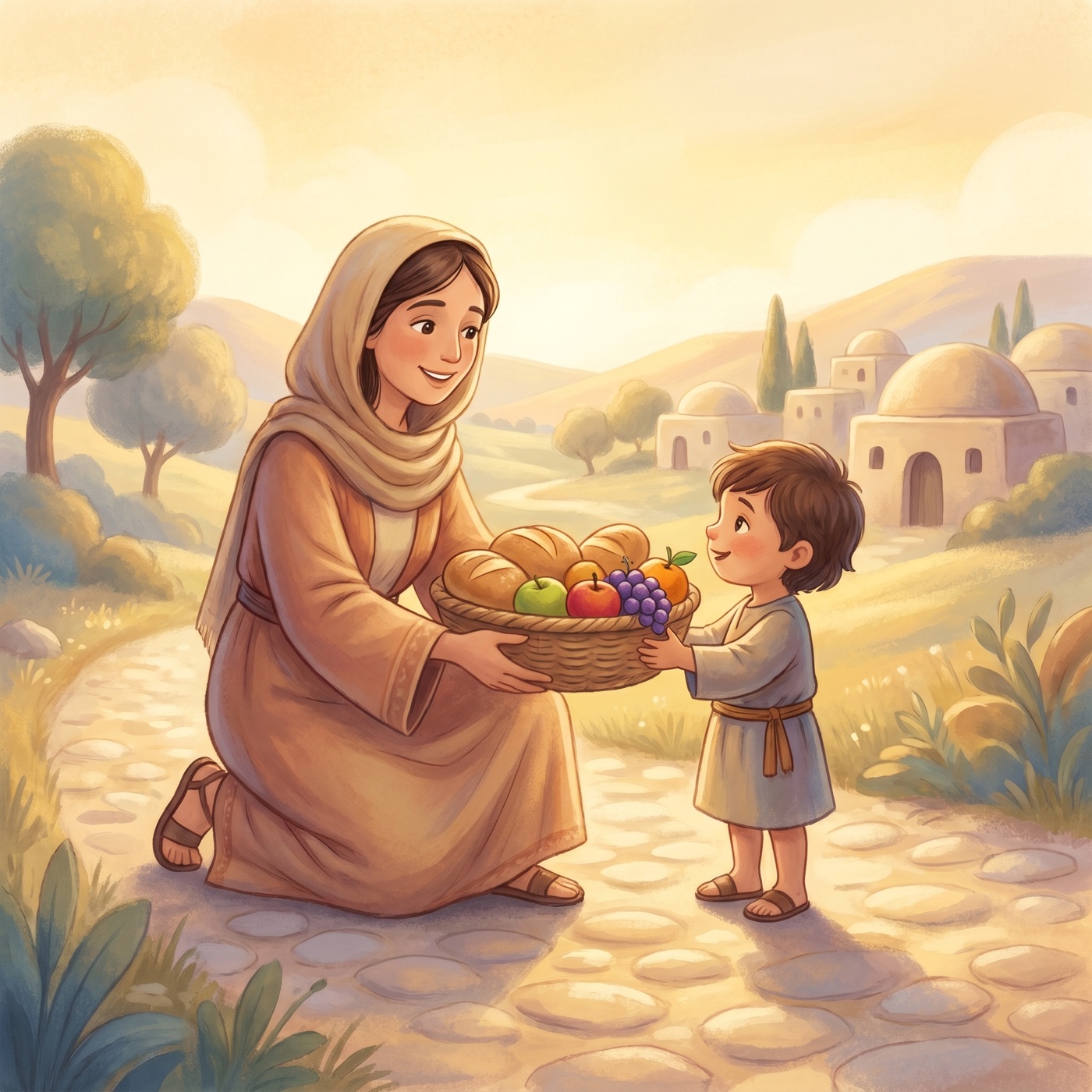 A kind wise woman in a warm headscarf kneeling gracefully and offering a basket of bread and fruit with a gentle smile, soft golden light.