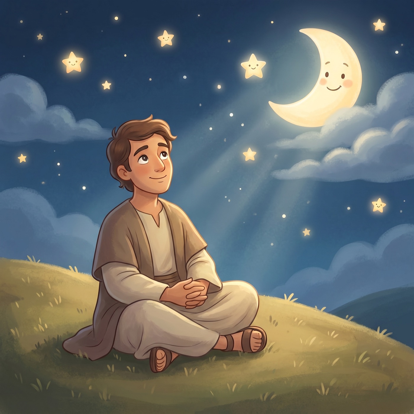 A young man sitting peacefully on a hillside at night, hands folded, looking up at a sky full of bright stars and a gentle moon, a calm trusting smile on his face.