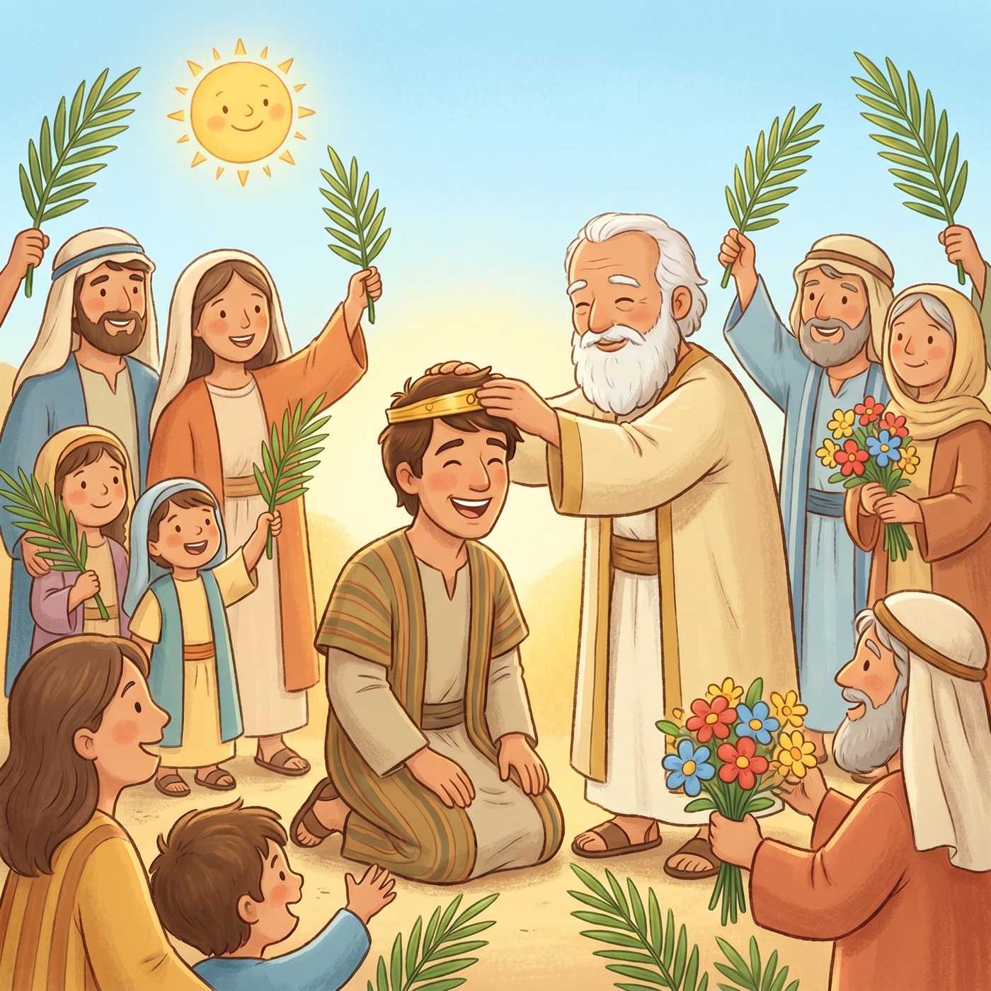 A joyful young man smiling broadly as a kind elder places a simple golden crown on his head, surrounded by happy families waving green branches and flowers.