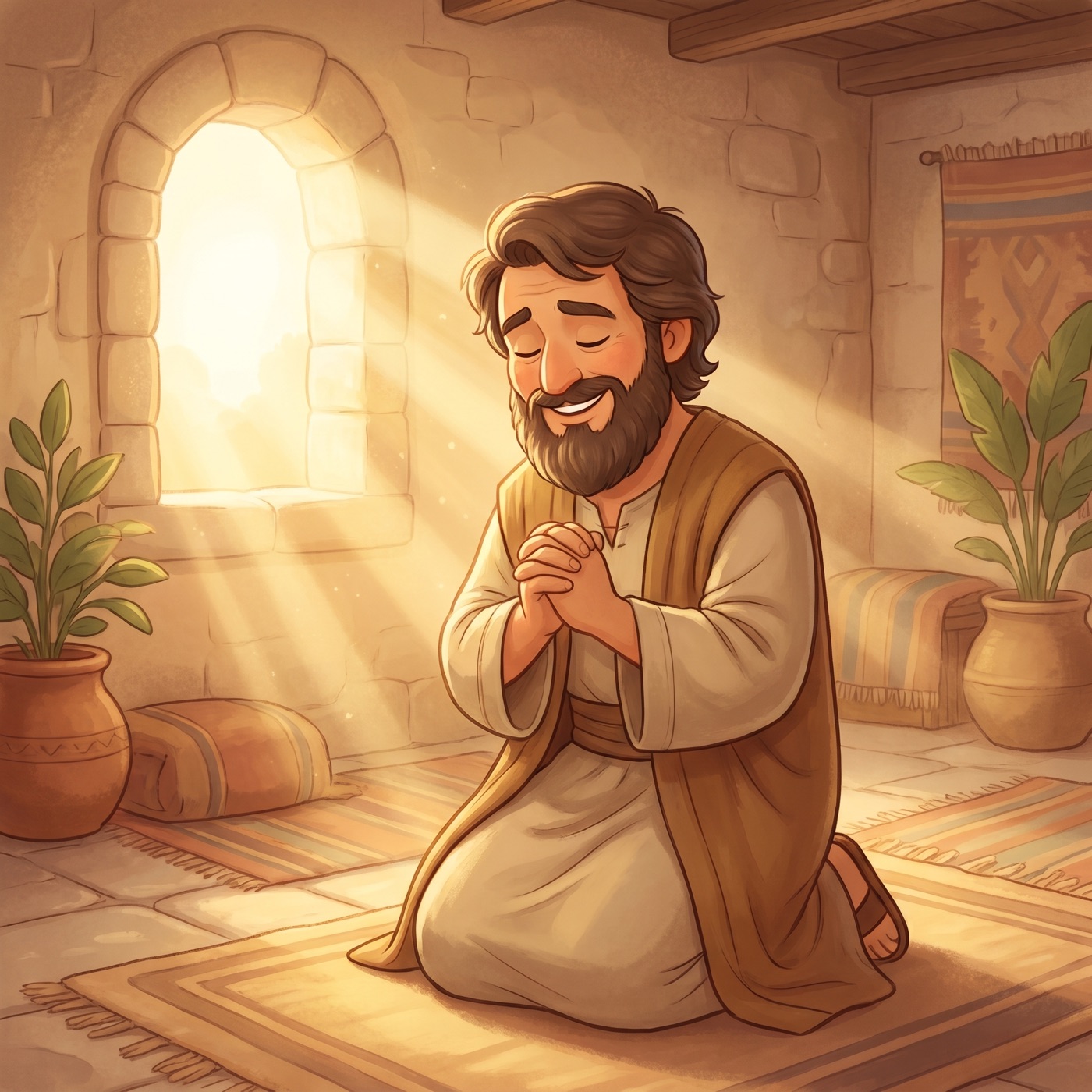 King David kneeling in prayer with folded hands and a peaceful smile, warm golden light streaming through a stone archway window, a gentle glow around him.