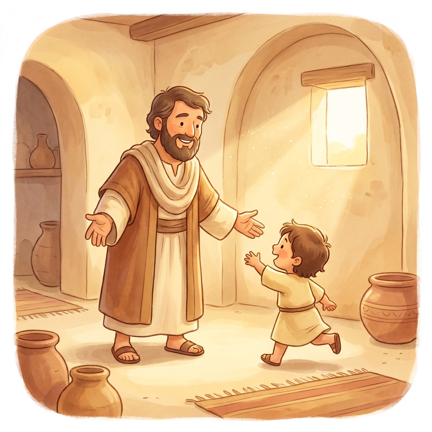 A gentle father with open arms welcoming a child who is reaching up to him, both smiling warmly in soft golden morning light.