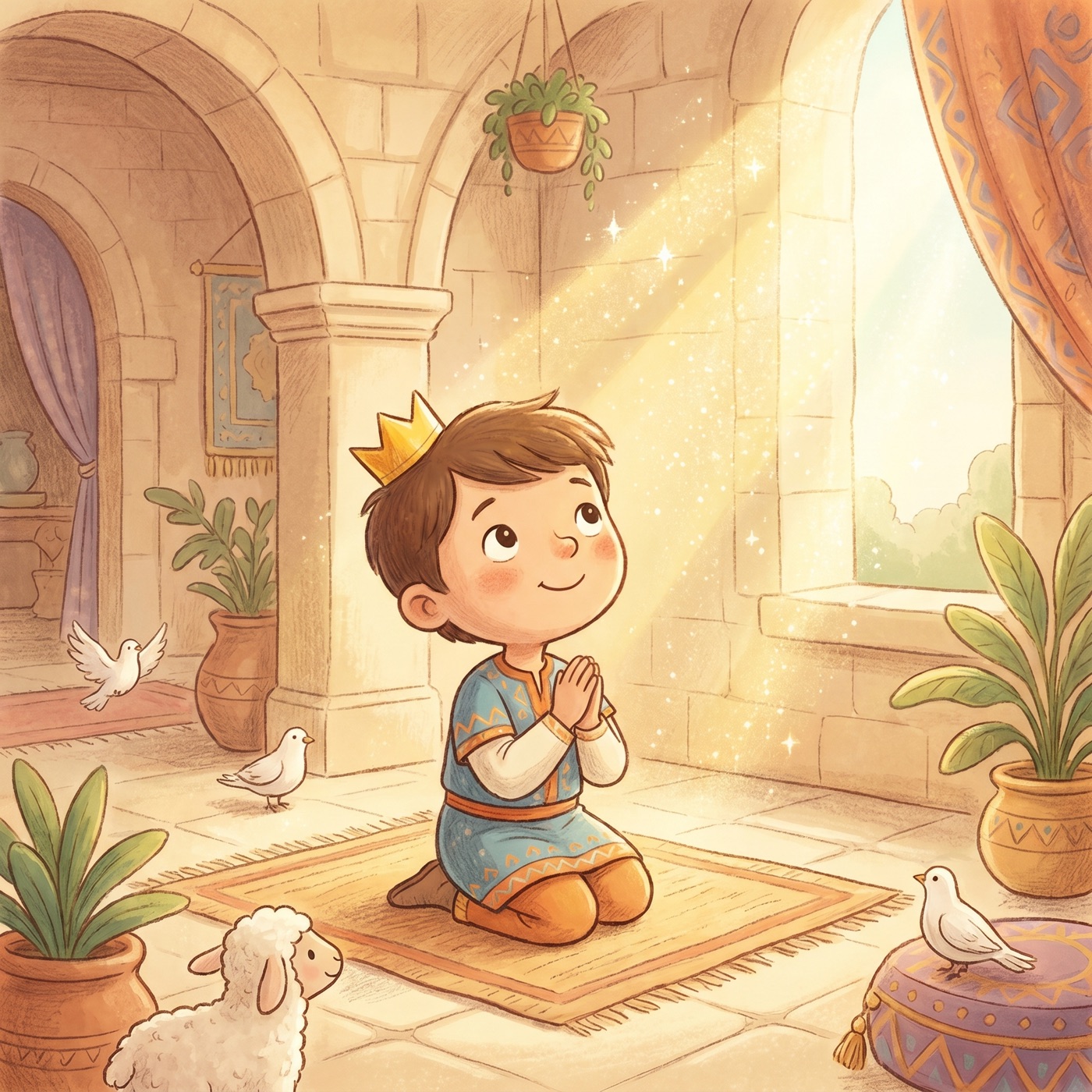 A young king kneeling peacefully with folded hands, looking upward with a hopeful smile as soft golden light shines down around him.