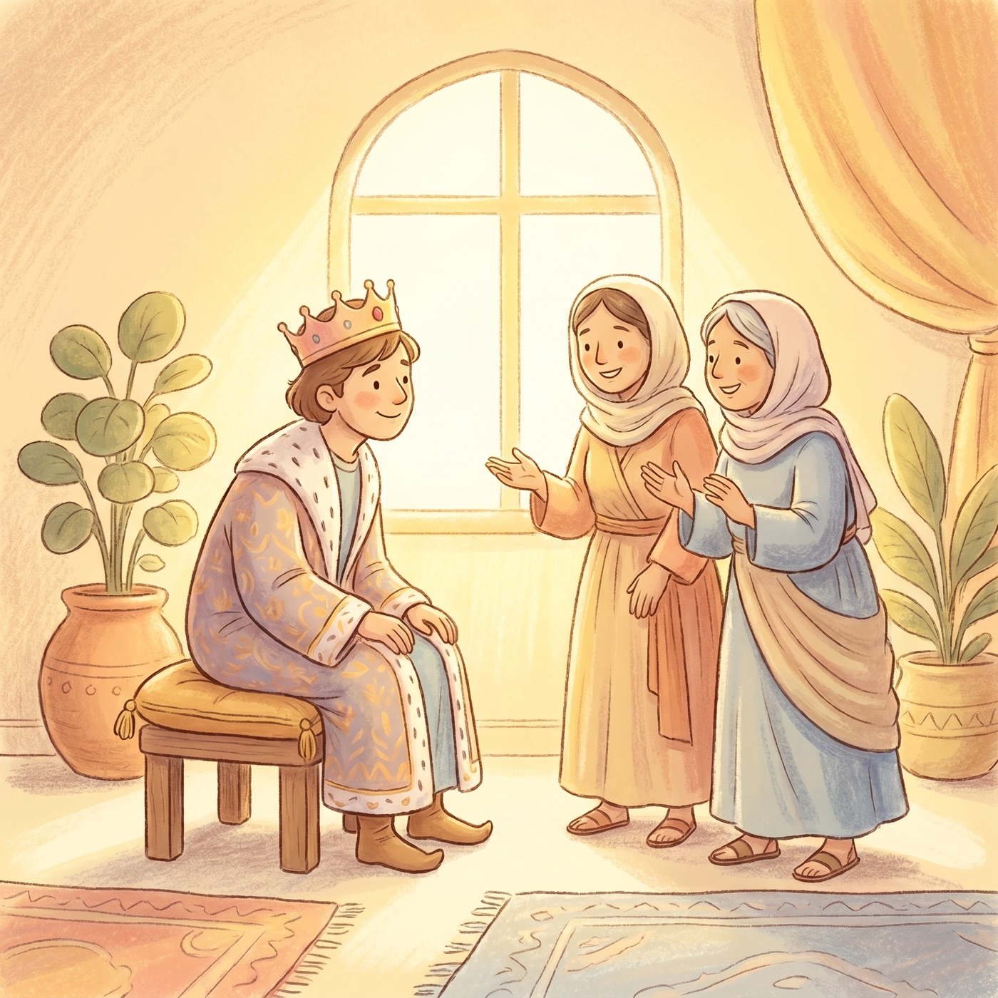 A kind young king sitting and listening carefully to two women, with a warm thoughtful smile, in a sunny room with soft golden light.