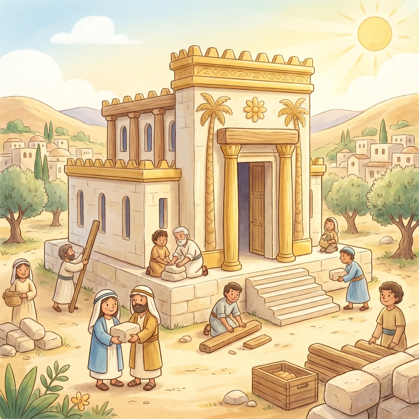 Happy workers gently building a beautiful golden temple with smooth stones and warm wooden beams, in bright cheerful sunshine.