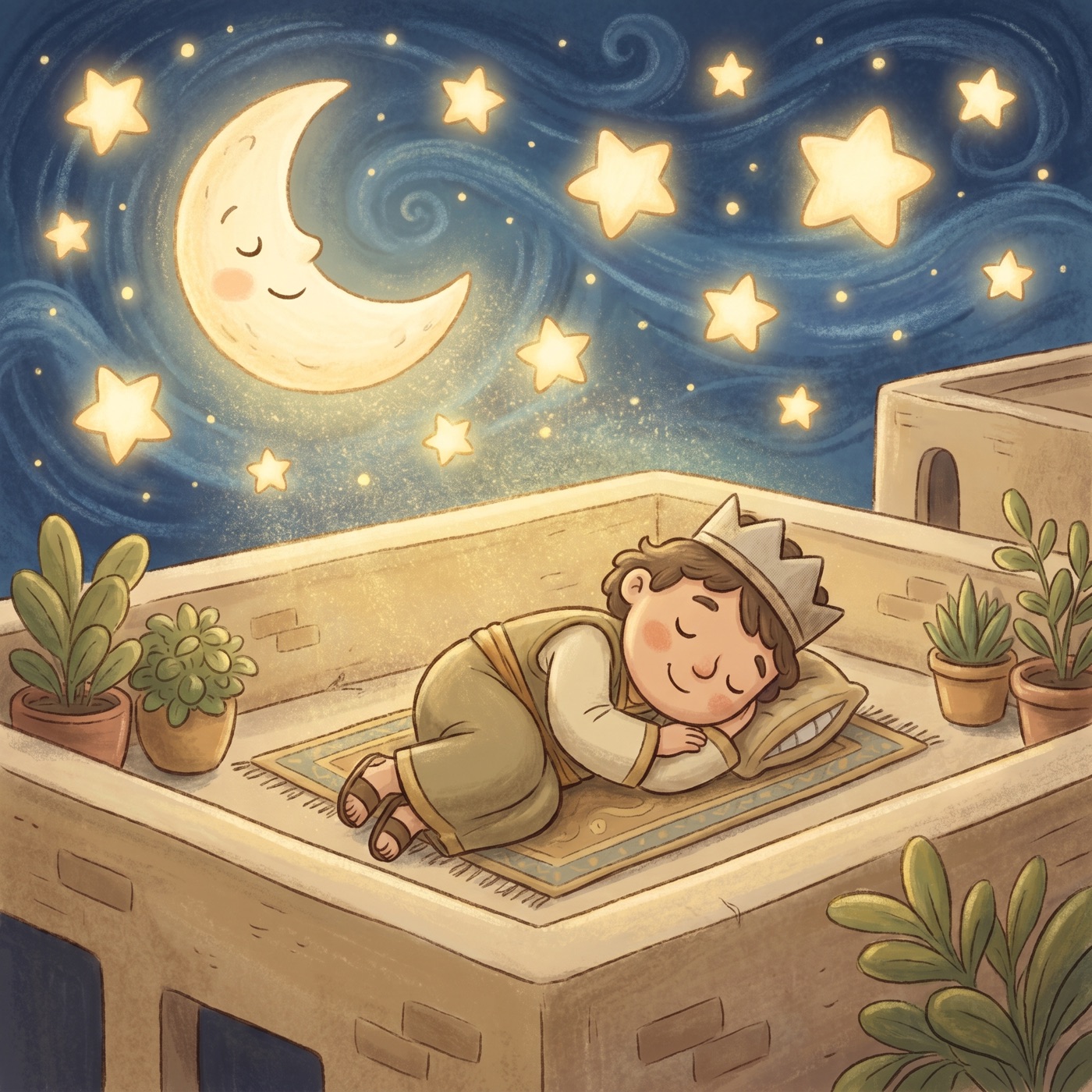 A young king resting peacefully at night under a sky full of bright stars, a calm and happy smile on his face, soft moonlight glowing.