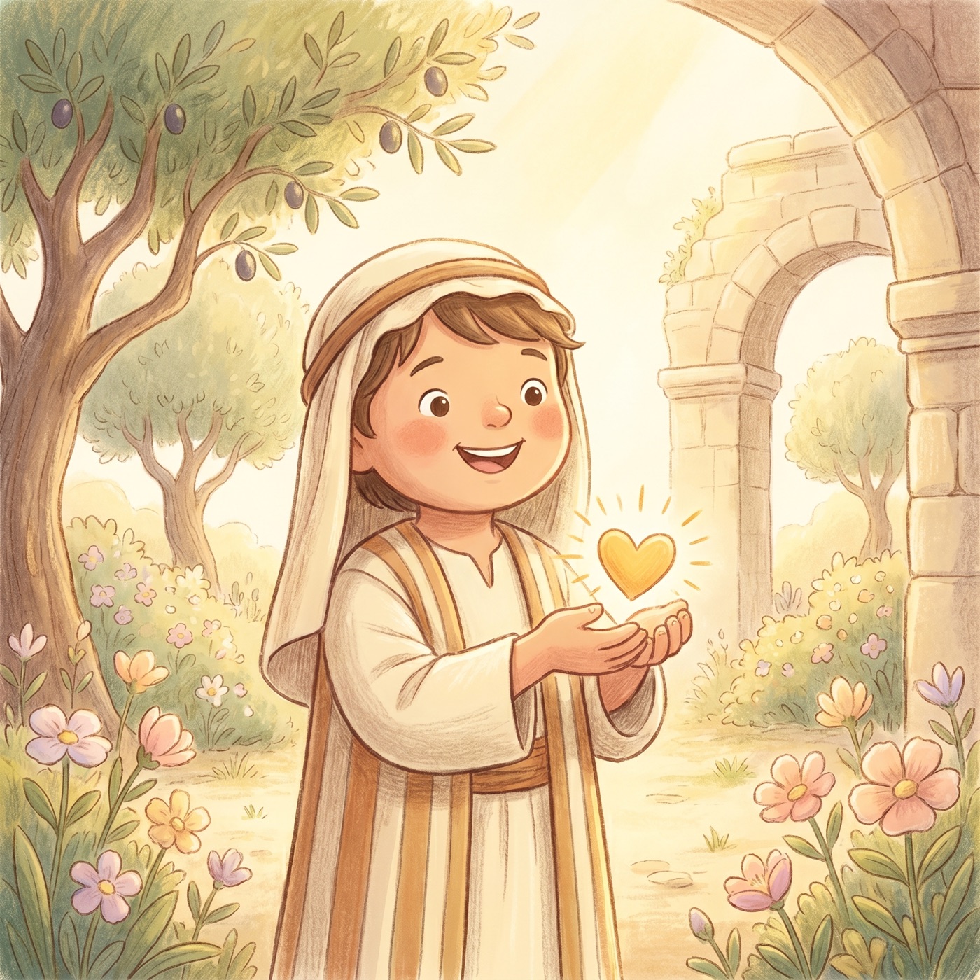 A child gently holding a small glowing heart shape, smiling warmly, surrounded by soft golden light and gentle flowers.