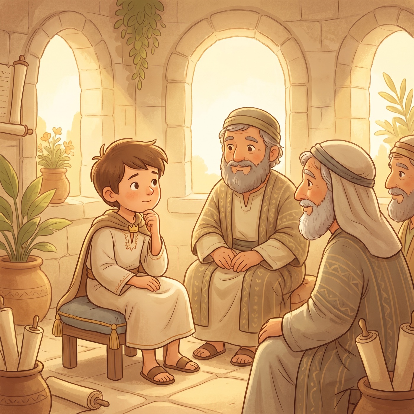 A young king sitting and listening thoughtfully to kind, gentle older helpers in a sunny room with soft golden light.