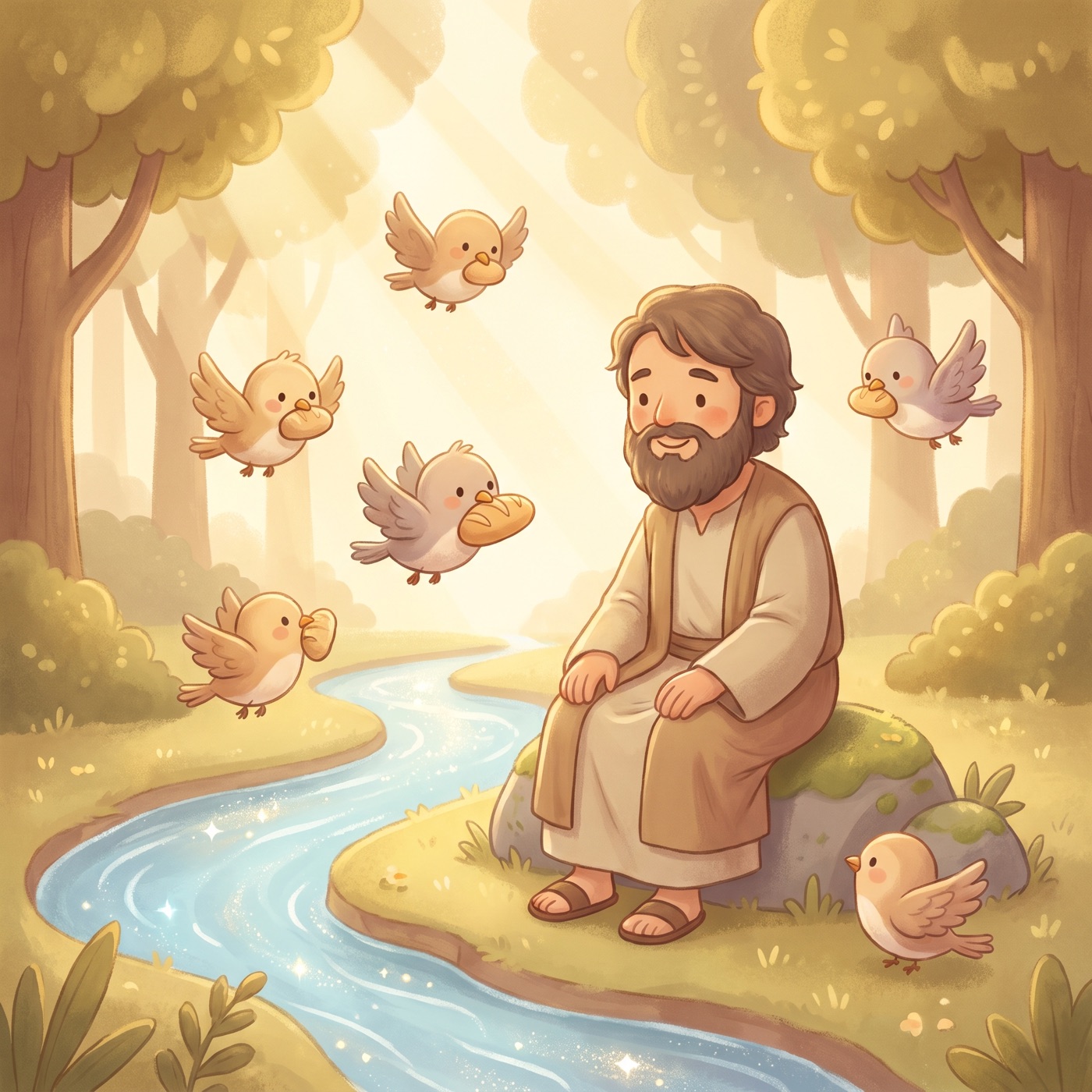 A kind prophet sitting peacefully by a sparkling little brook as friendly birds gently bring him bread, warm golden sunlight all around.