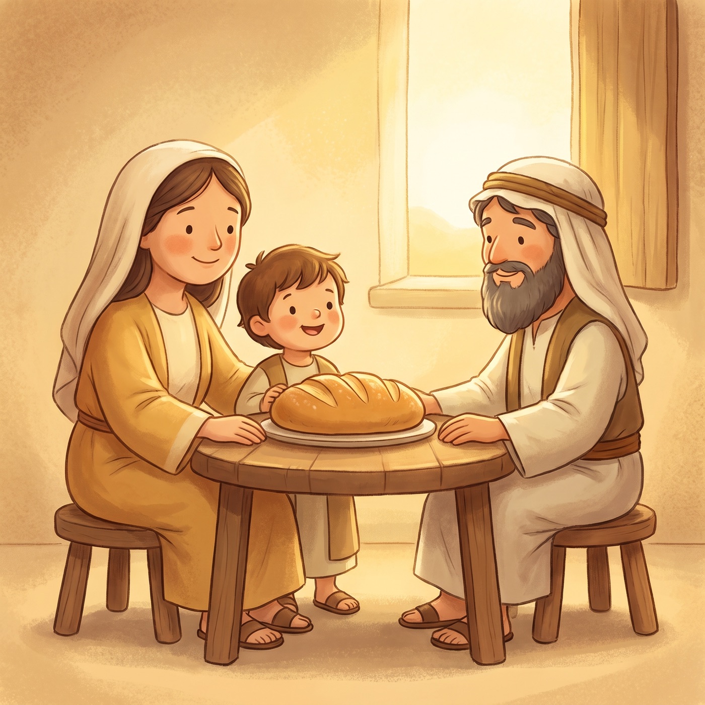 A kind mother and her little child sharing warm bread with a gentle prophet at a small table, soft golden light filling the cozy home.