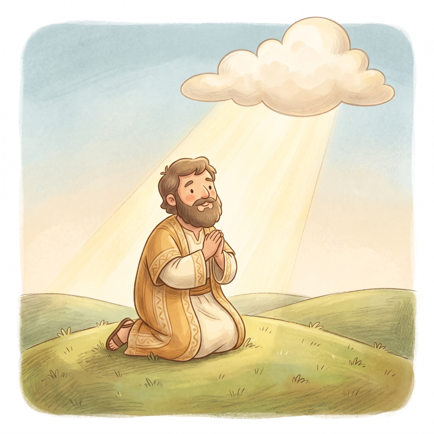 A gentle prophet kneeling in prayer on a grassy hilltop with his hands folded, a soft warm glow of golden light shining down from the sky.