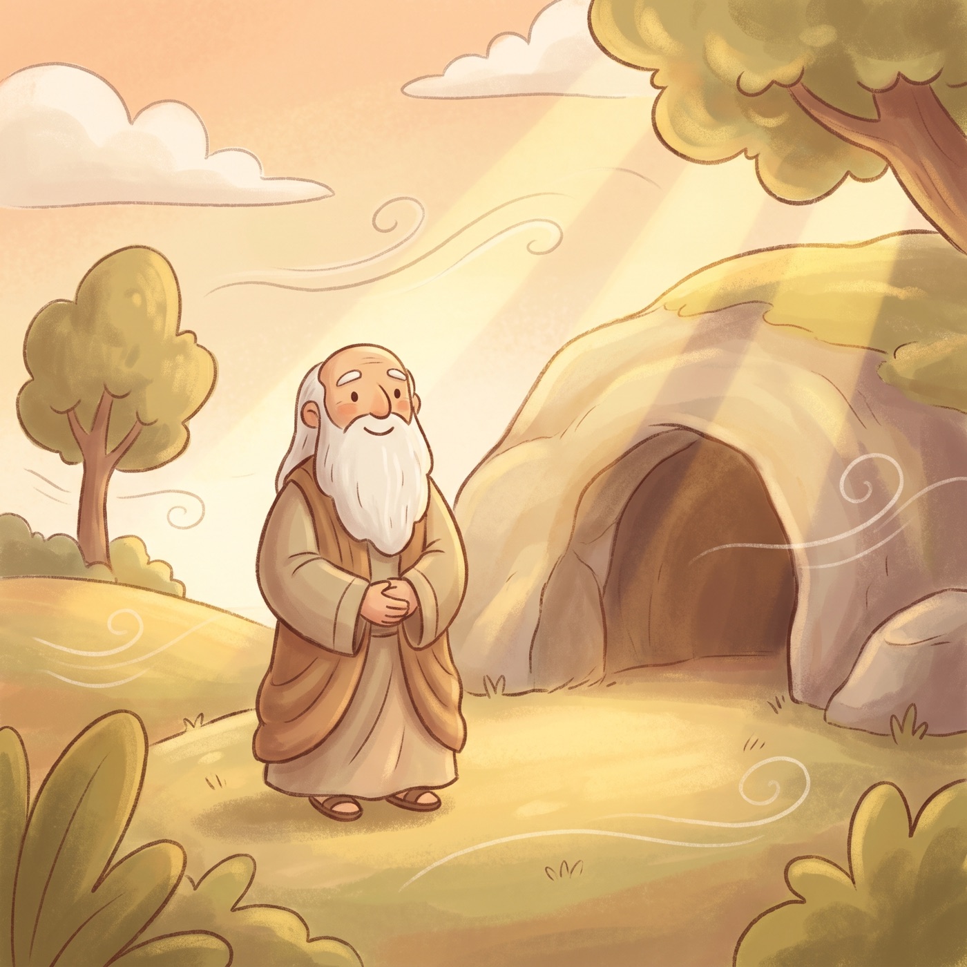 A peaceful prophet standing quietly at the entrance of a cave on a calm mountain, a soft gentle breeze and warm golden light all around.