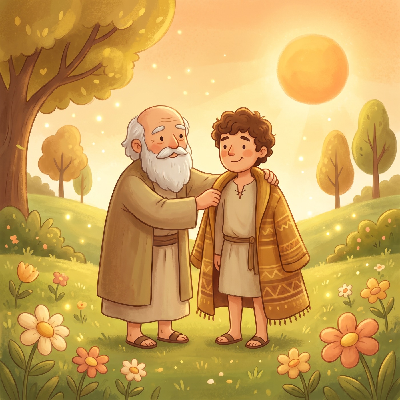 A kind older prophet gently placing his warm cloak around the shoulders of a happy young man in a sunny green field, golden light all around.