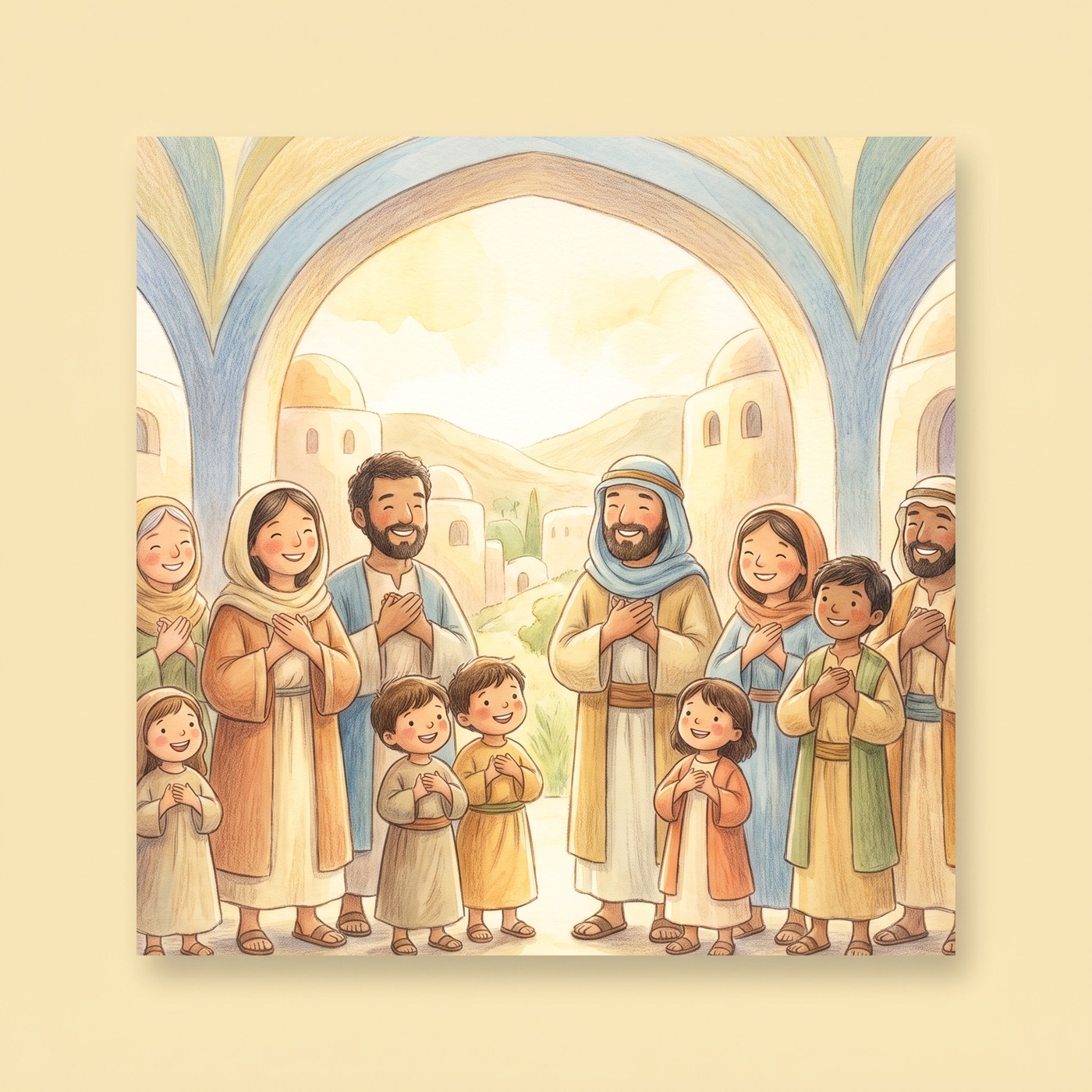 A group of happy children and families standing together in soft golden light, smiling warmly with their hands over their hearts.