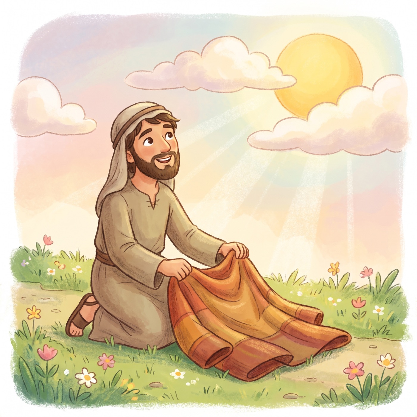 A young man gently picking up a warm cloak on a green grassy path, with soft golden light glowing in the sky above.