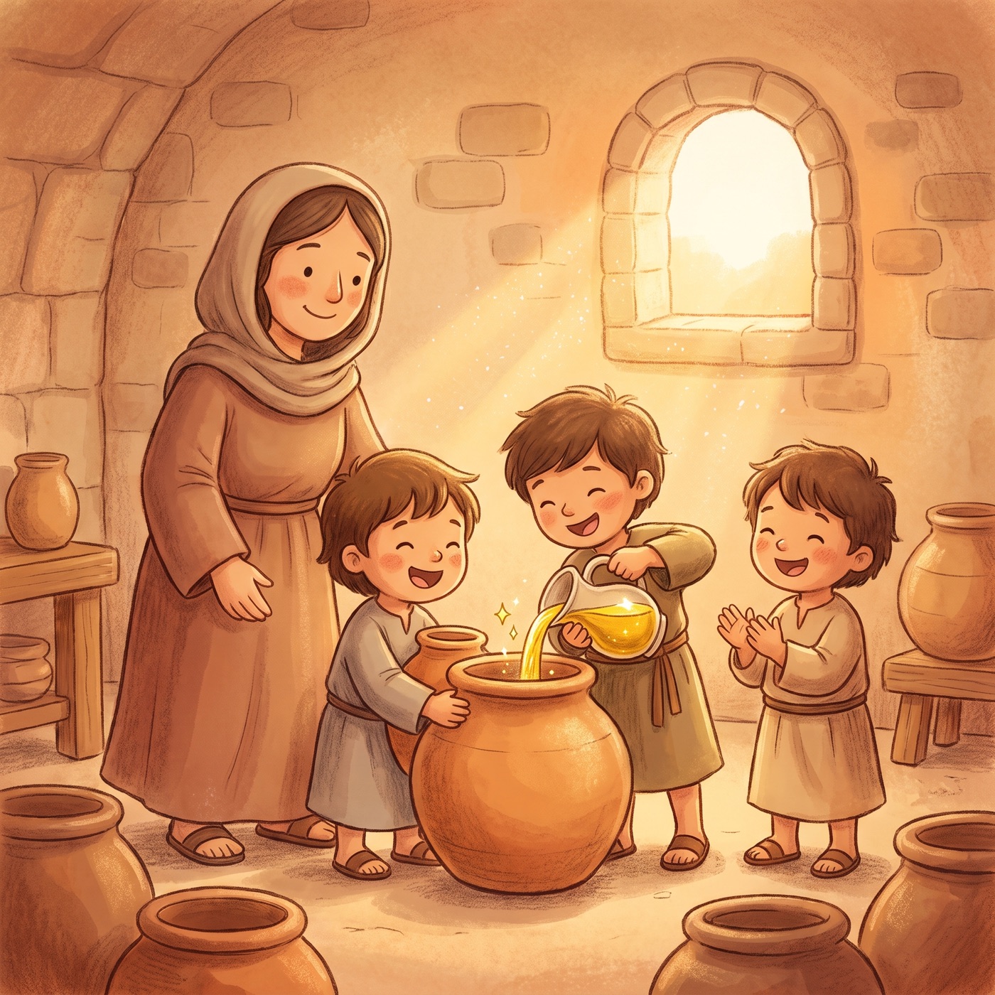 A happy mother and her children joyfully filling many jars with golden oil inside a cozy home, warm sunlight all around.