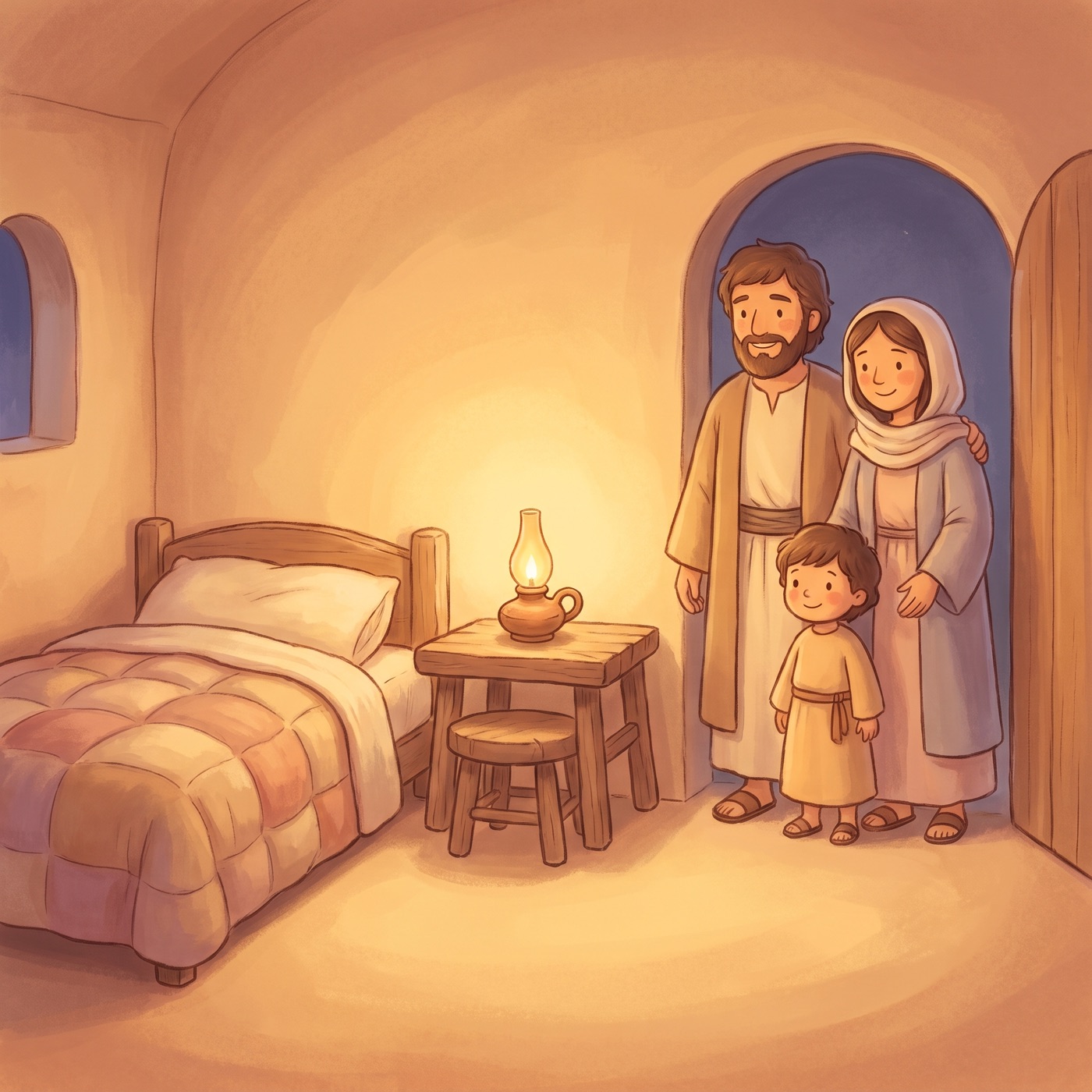 A warm little room with a soft bed, a table, a chair, and a glowing lamp, a kind family smiling at the doorway in golden light.
