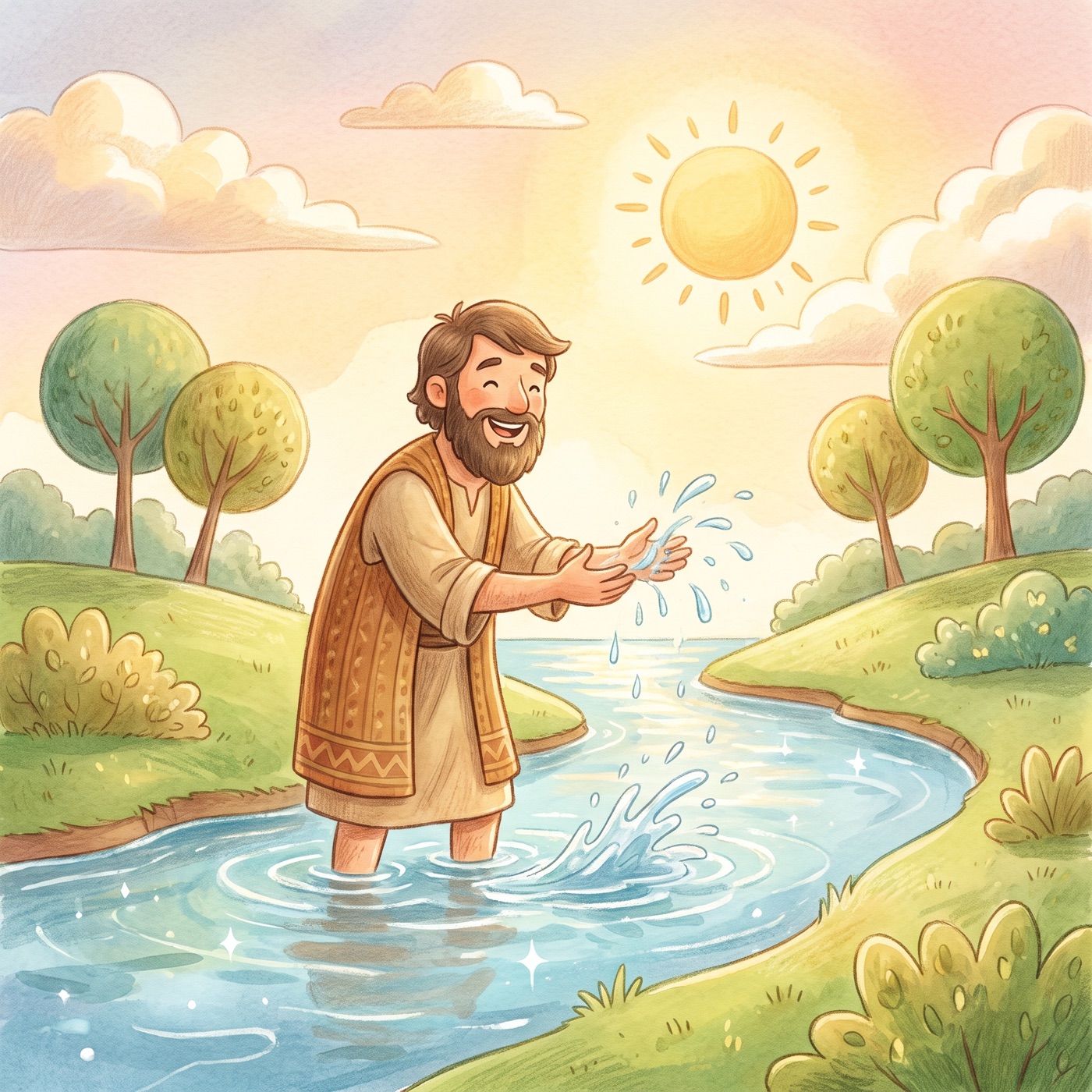A joyful man standing in a sparkling clean river with green banks, gently splashing water, warm golden light shining down.
