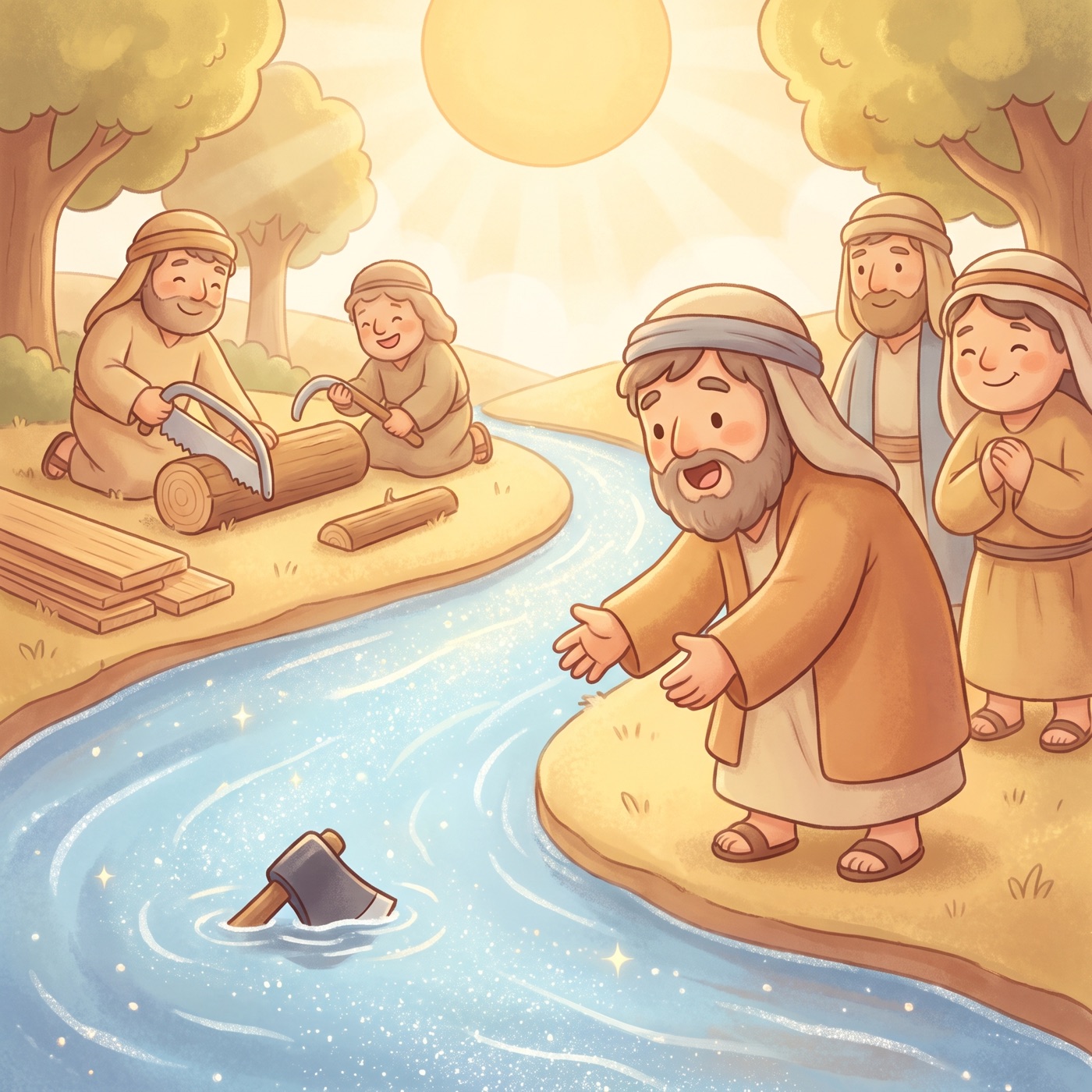 Workers by a sparkling river, an iron axe head floating gently on the water, a surprised happy man reaching for it, warm light.