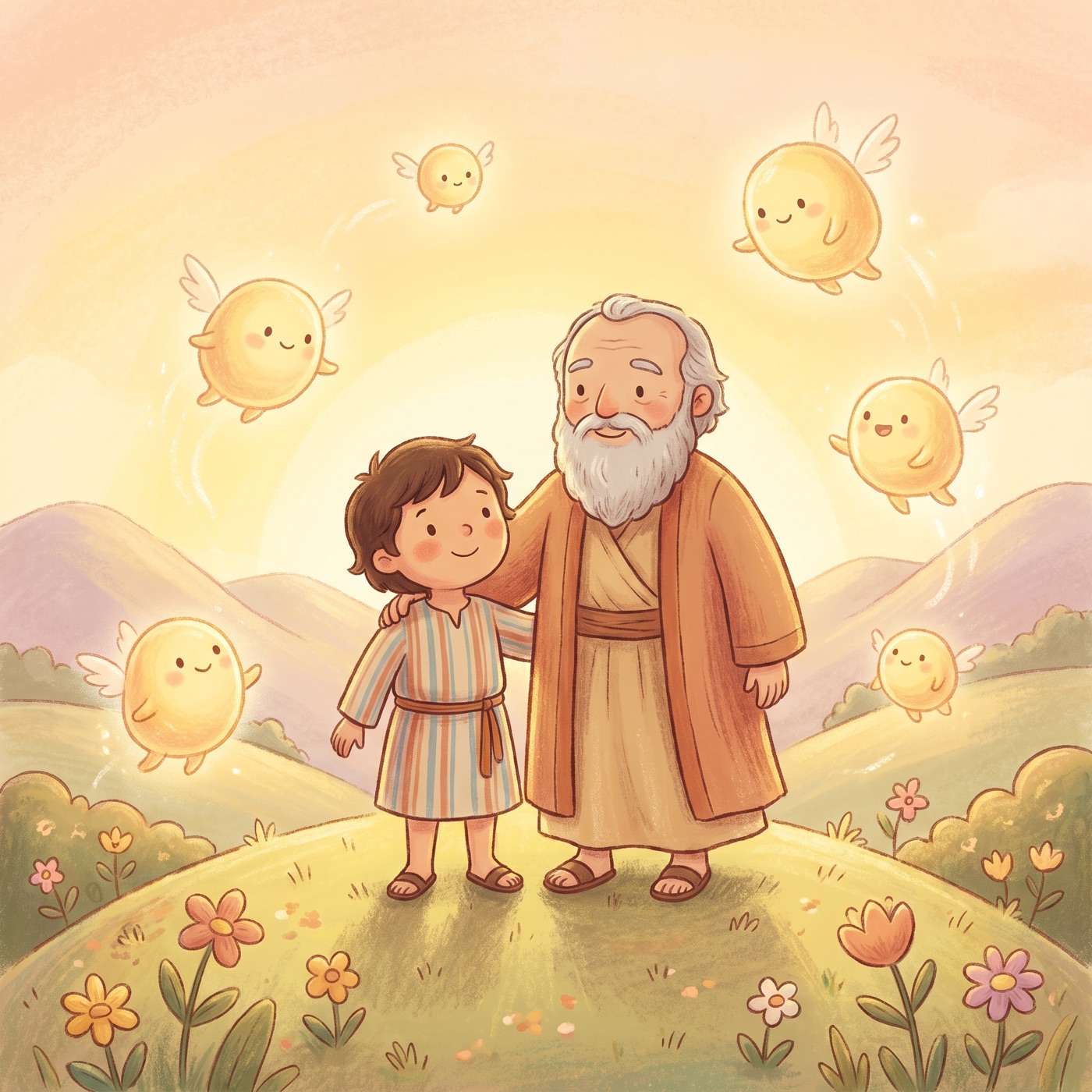 A young helper and a gentle prophet on a peaceful hill at sunrise, soft warm glowing light all around them, calm and safe.