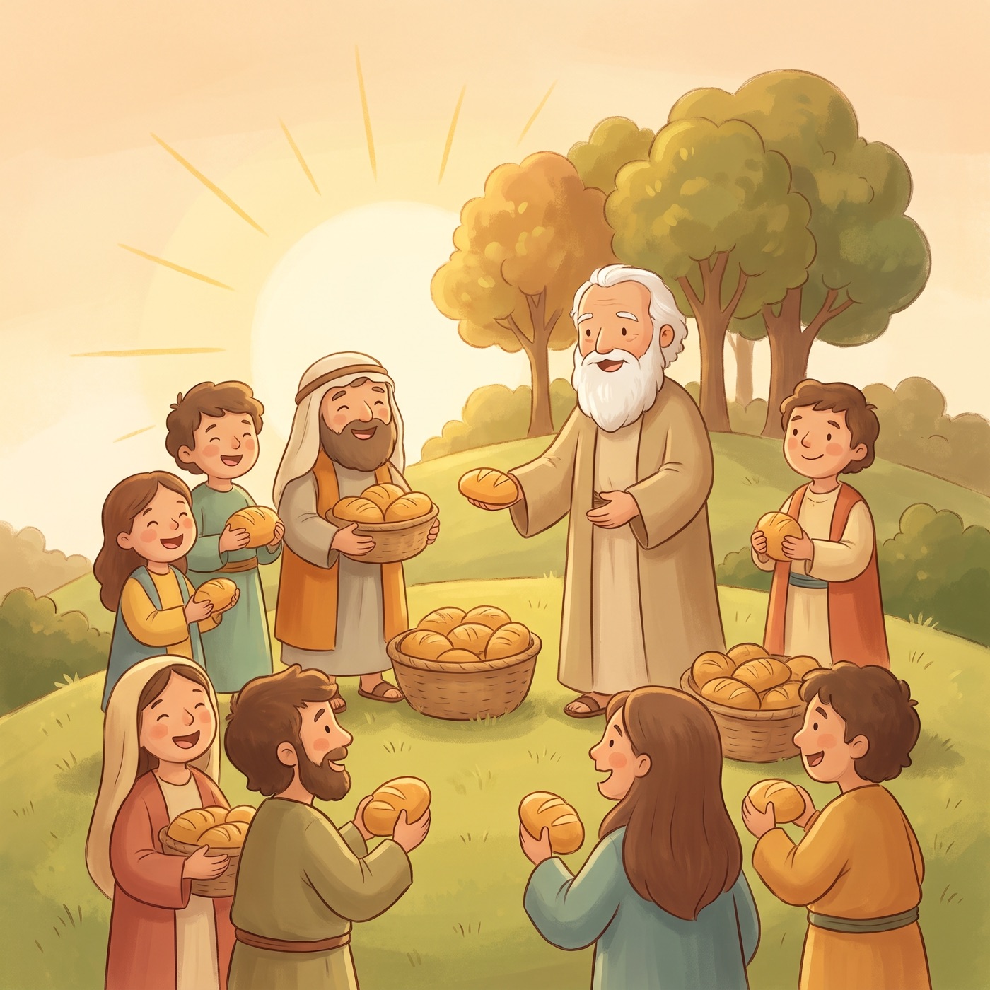 A kind prophet and happy people sharing loaves of bread together outdoors, plenty of food, joyful faces, warm golden light.