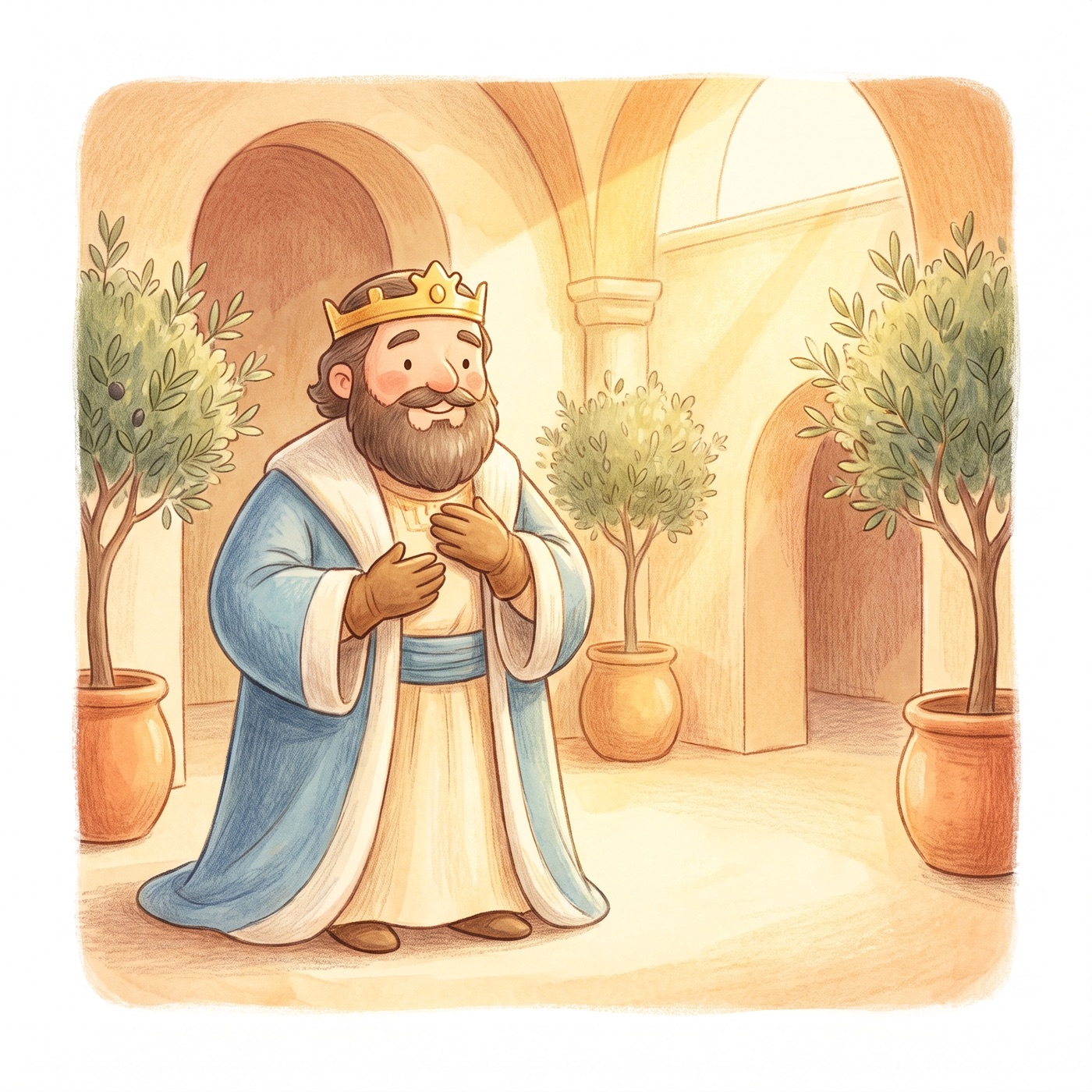 A kind king in gentle robes with a soft crown, smiling warmly with his hands over his heart, golden light in a peaceful palace.