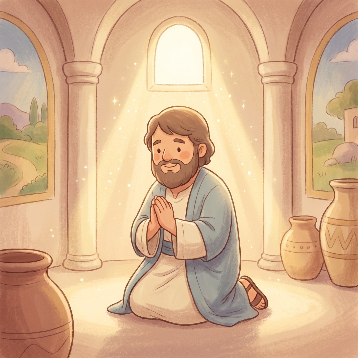 A kind king kneeling in prayer inside a beautiful peaceful temple, soft golden light shining down, calm and reverent.