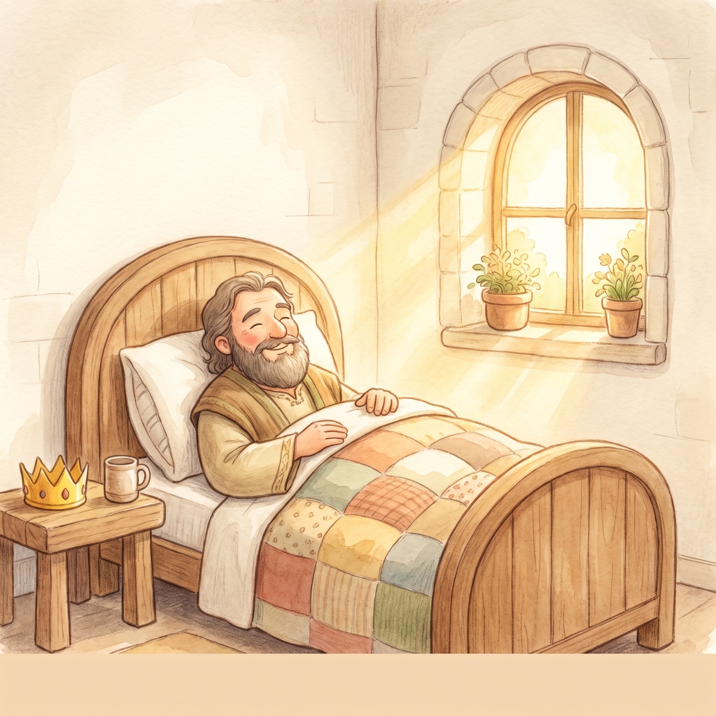 A king resting and smiling, feeling better, warm sunlight streaming through a window, a peaceful and grateful feeling.
