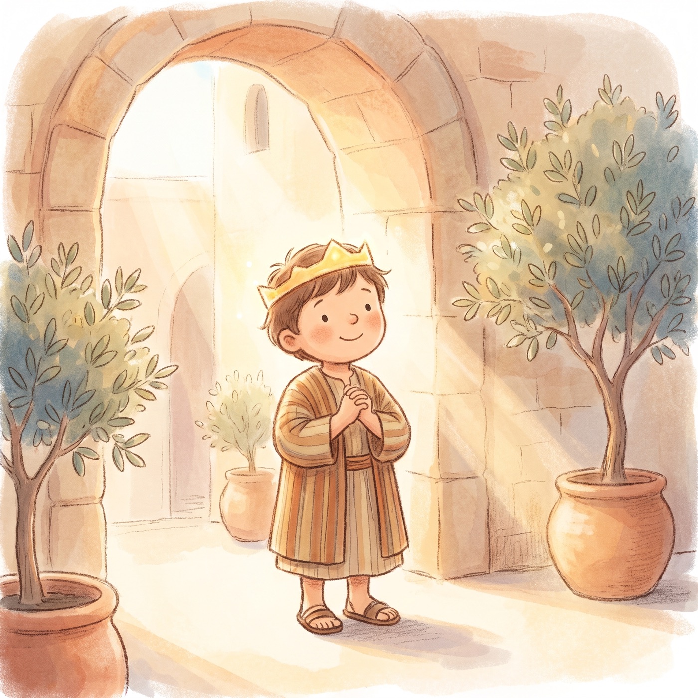 A young boy king with a gentle crown, kind and happy, standing in warm golden light, looking thoughtful and good-hearted.
