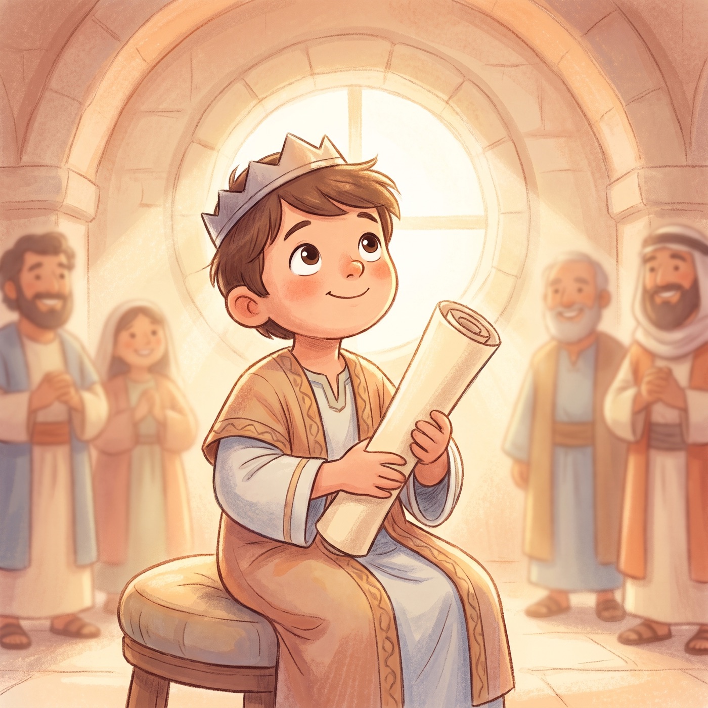 A young king joyfully holding an old scroll of scriptures and listening as it is read, warm golden light, a look of wonder.