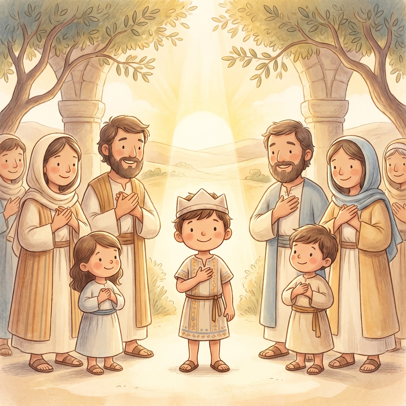 A young king with happy families and children standing together joyfully in golden light, hands over hearts, warm and united.
