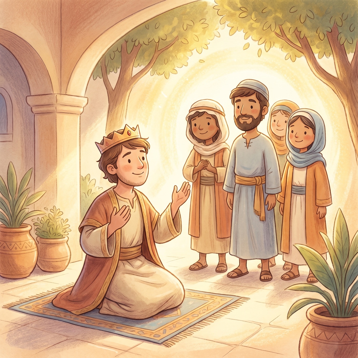 A kind king kneeling in prayer with hands raised, warm helpers gathered gently behind him, soft golden peaceful light.