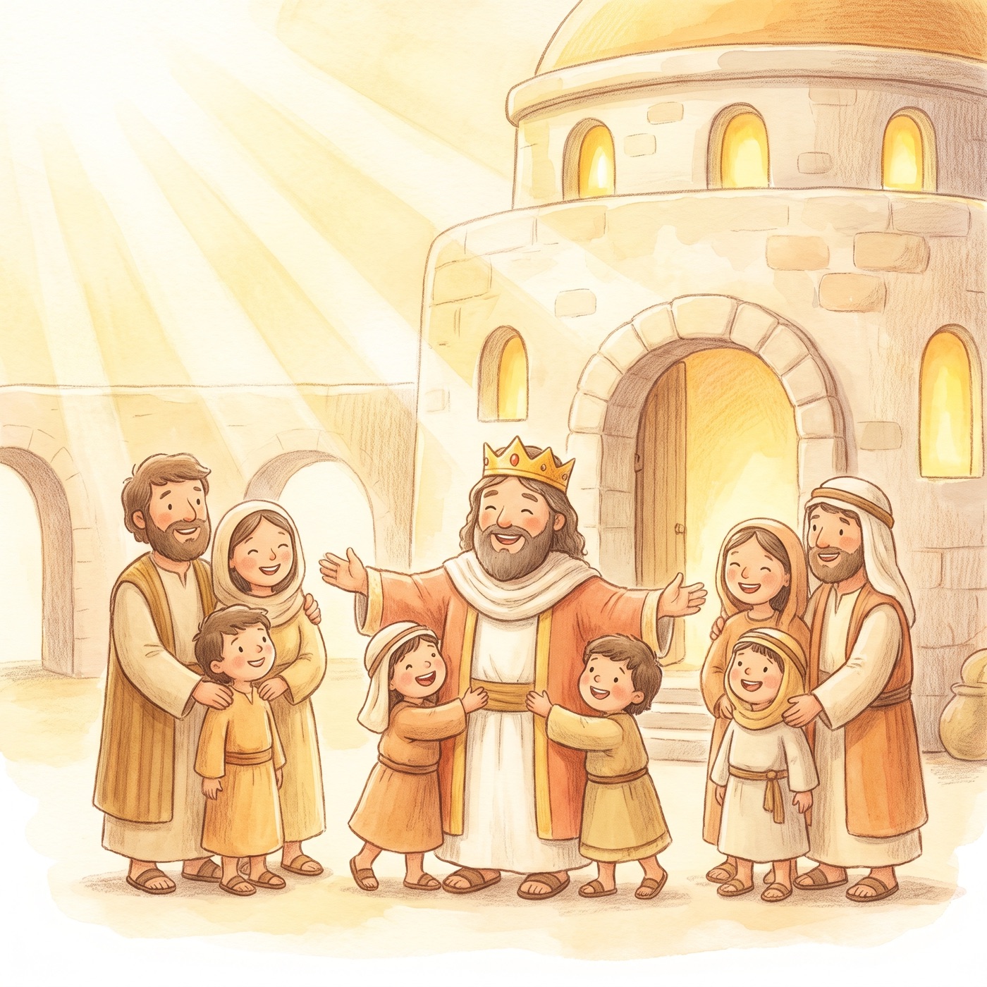 A joyful king and his people gathering together outside a temple, arms open, warm sunlight, happy faces.