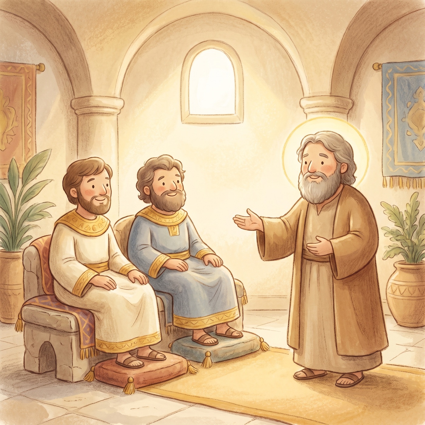 A gentle prophet speaking kindly but firmly to two kings on thrones, calm expression, soft golden light.